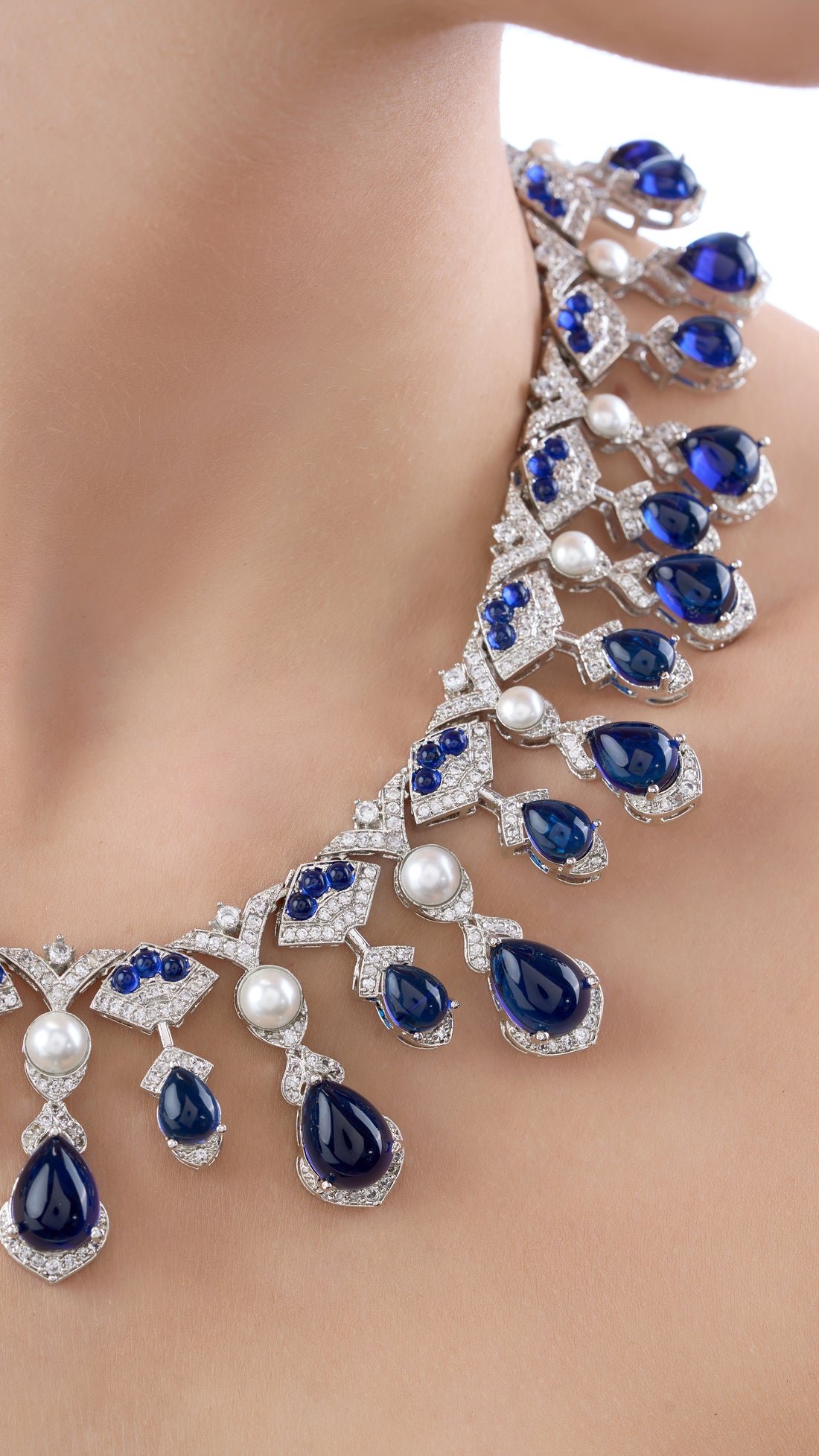 DEVANSHI MOISSANITE  NECKLACE SET WITH PURE PEARL AND LAPIS SEMI PRECIOUS STONES