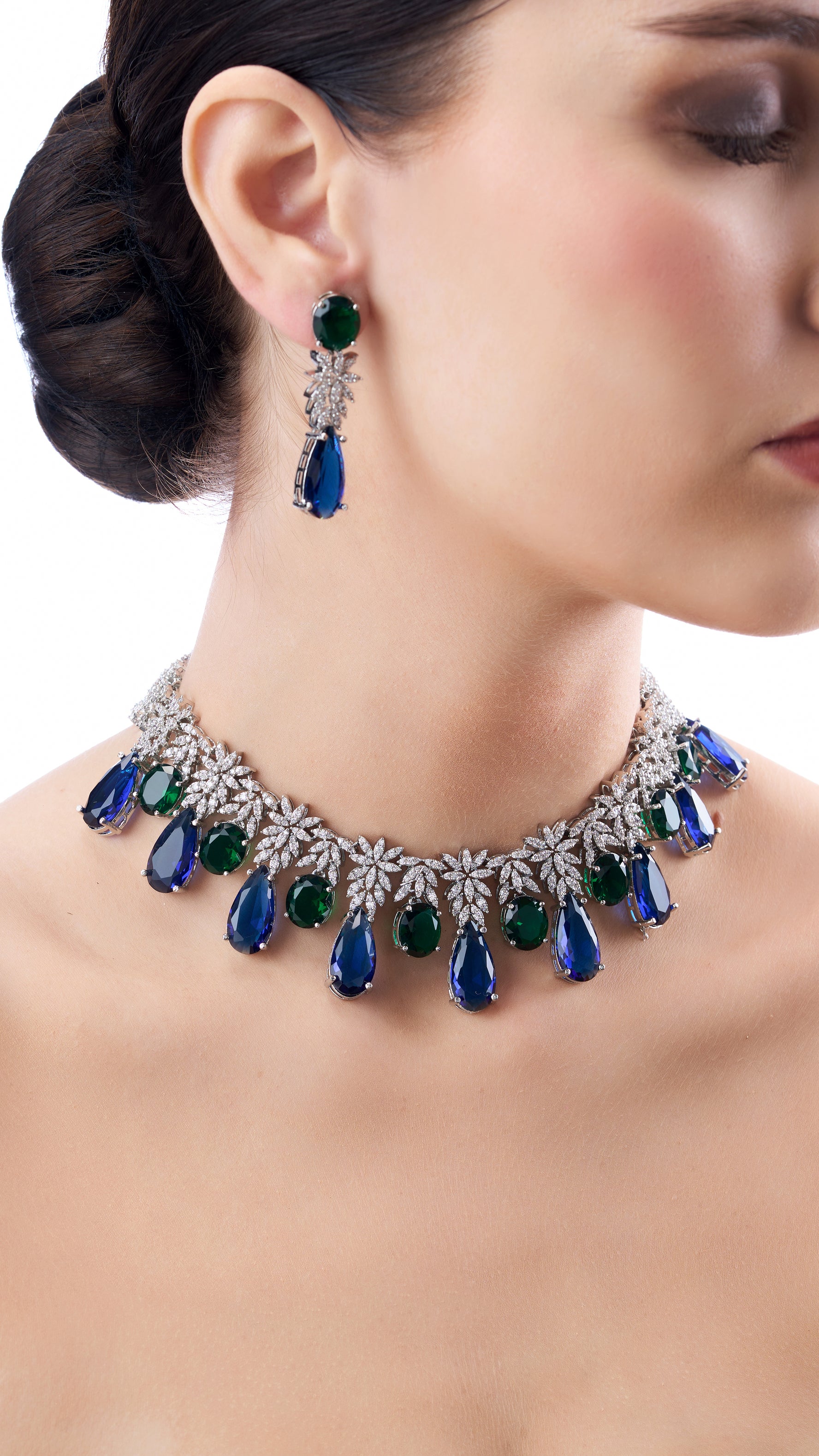 RANJINI LAPIS FLOWER MOSSAINITE NECKLACE SET