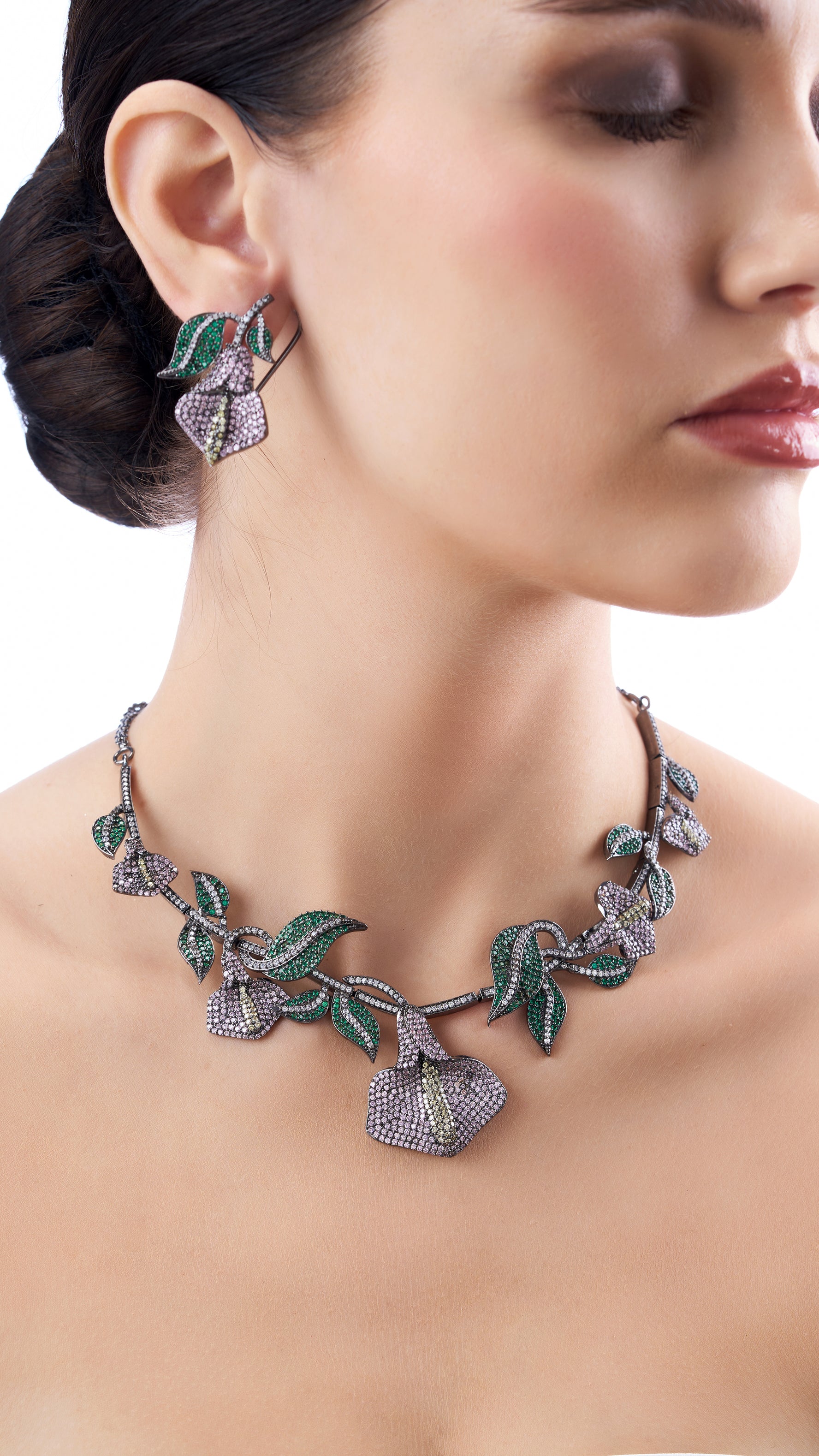 MAHIMA  ABSTRACT CRYSTAL VICTORAN FLOWER LEAF NECKLACE SET IN PURPLE AND GREEN