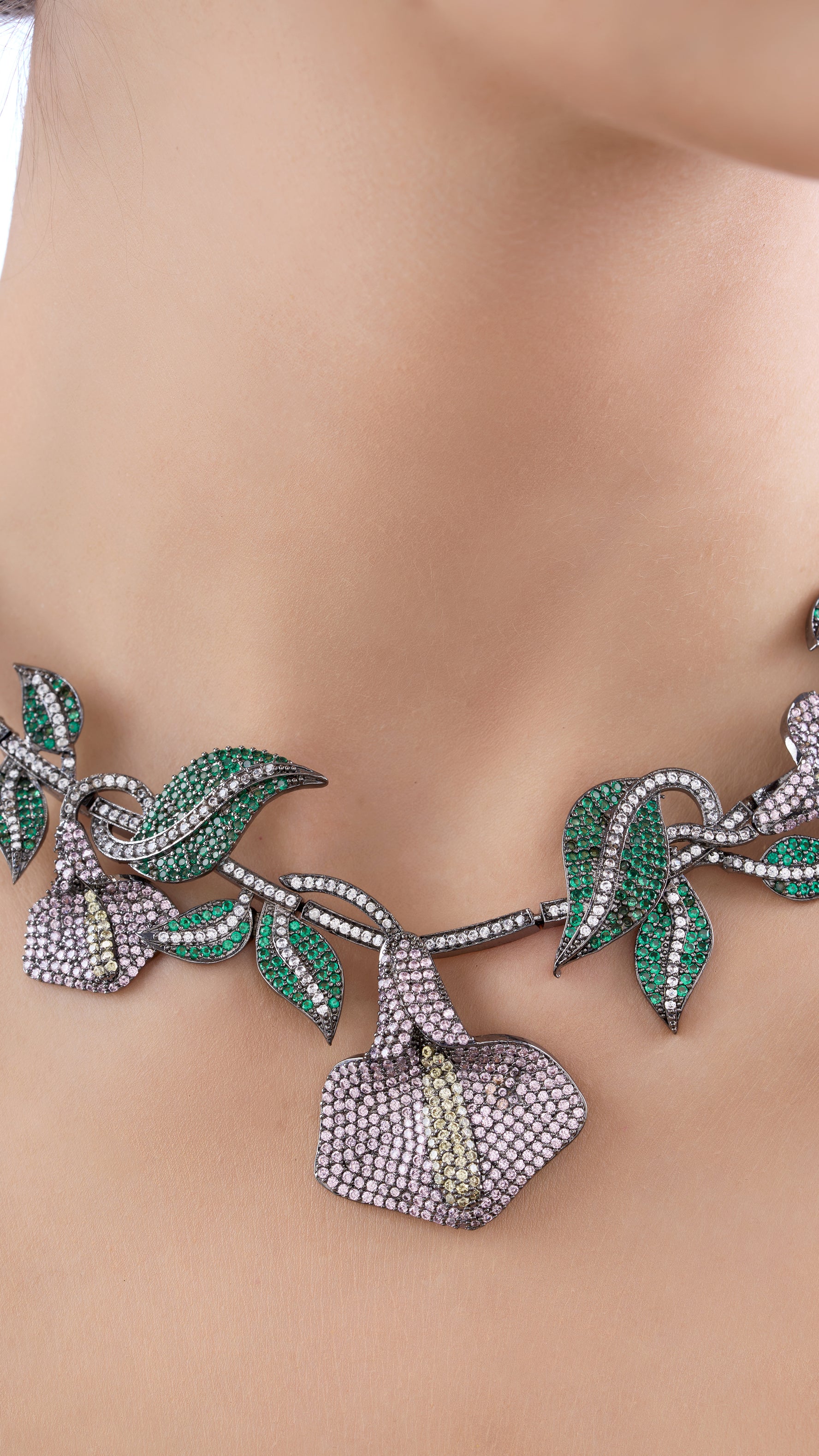 MAHIMA  ABSTRACT CRYSTAL VICTORAN FLOWER LEAF NECKLACE SET IN PURPLE AND GREEN