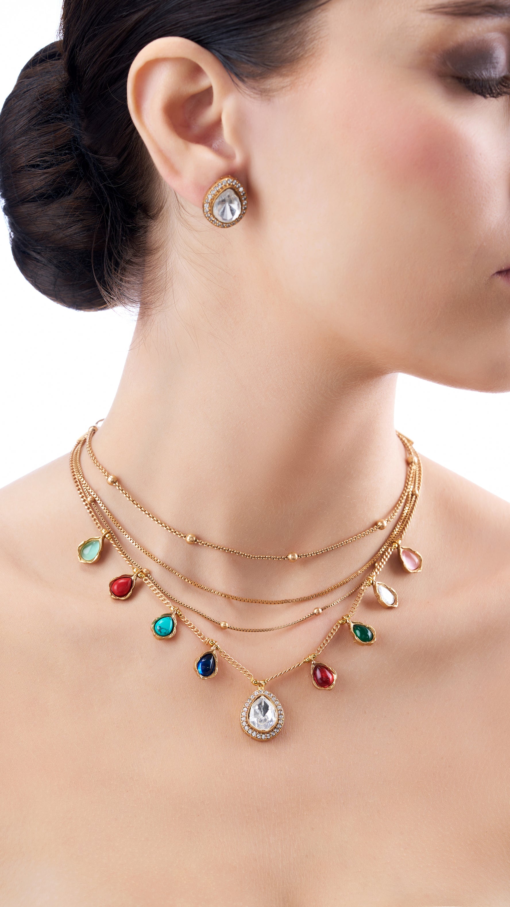 PRATHANA MULTI LAYER POLKI NECKLACE SET WITH SEMI PRECIOUS STONES IN MULTI COLOUR