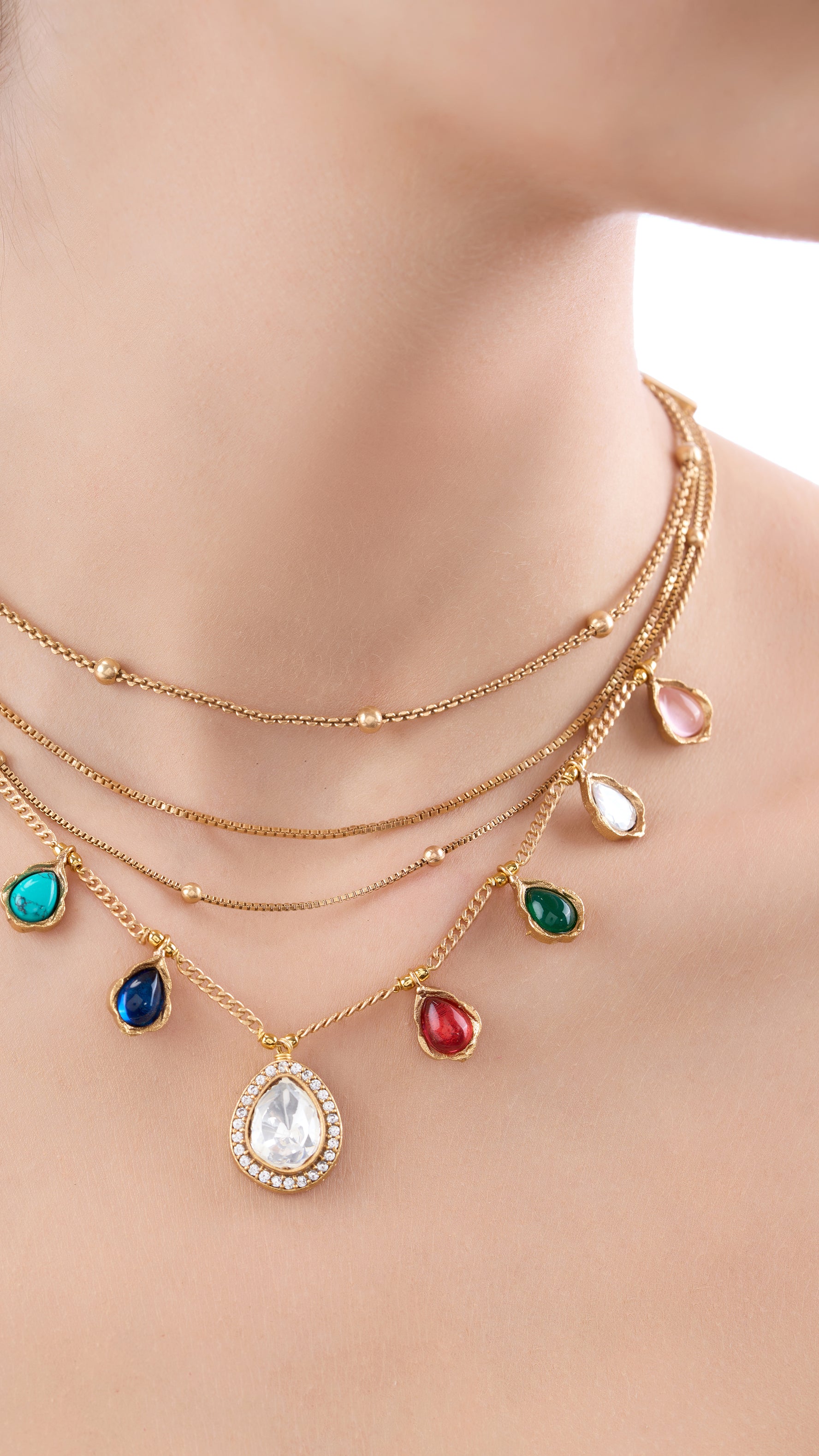 PRATHANA MULTI LAYER POLKI NECKLACE SET WITH SEMI PRECIOUS STONES IN MULTI COLOUR