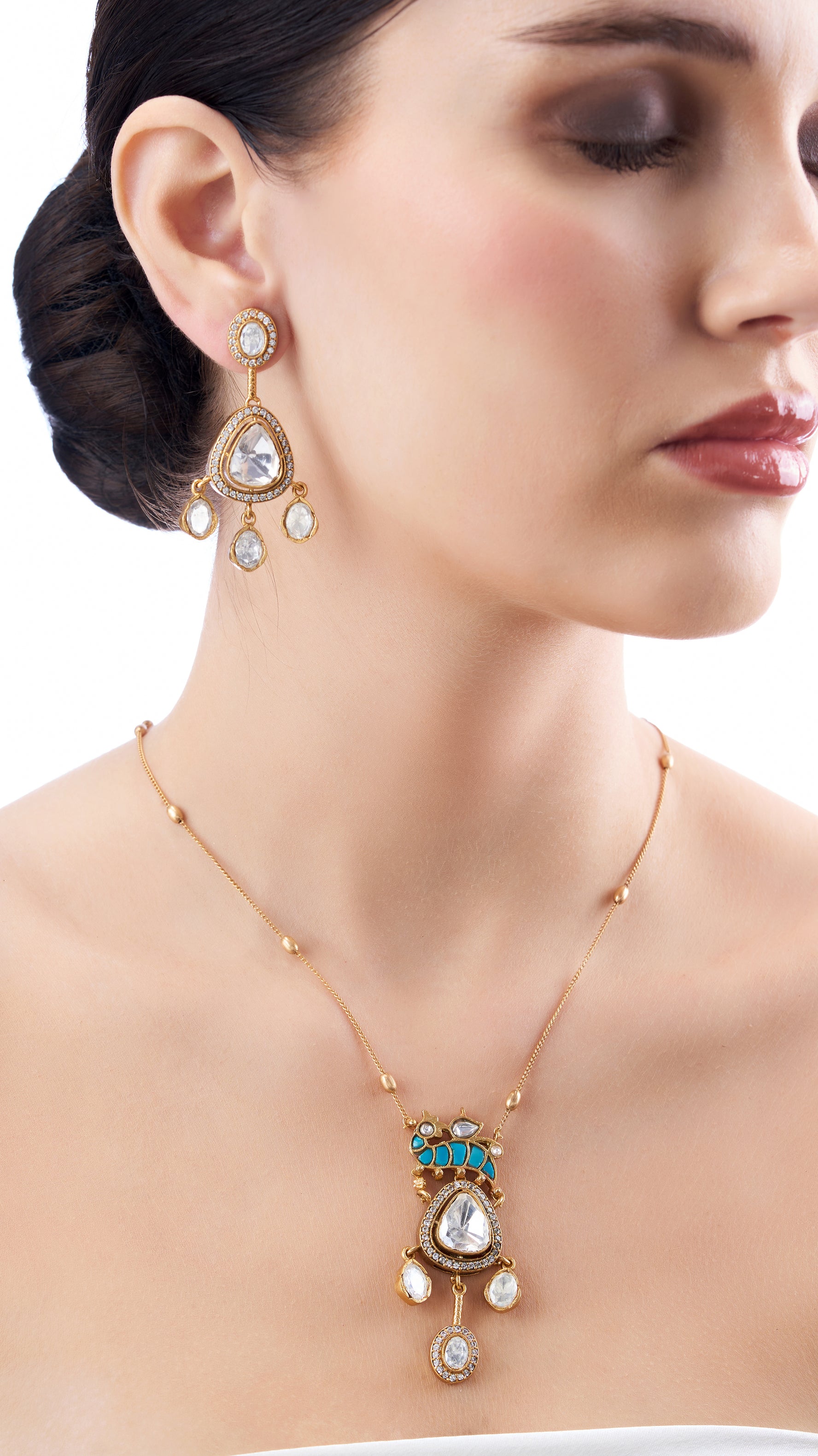 ANNAPURNA DROP NECKLACE SET WITH POLKI & SEMI PRECIOUS STONES IN TURQUOISE