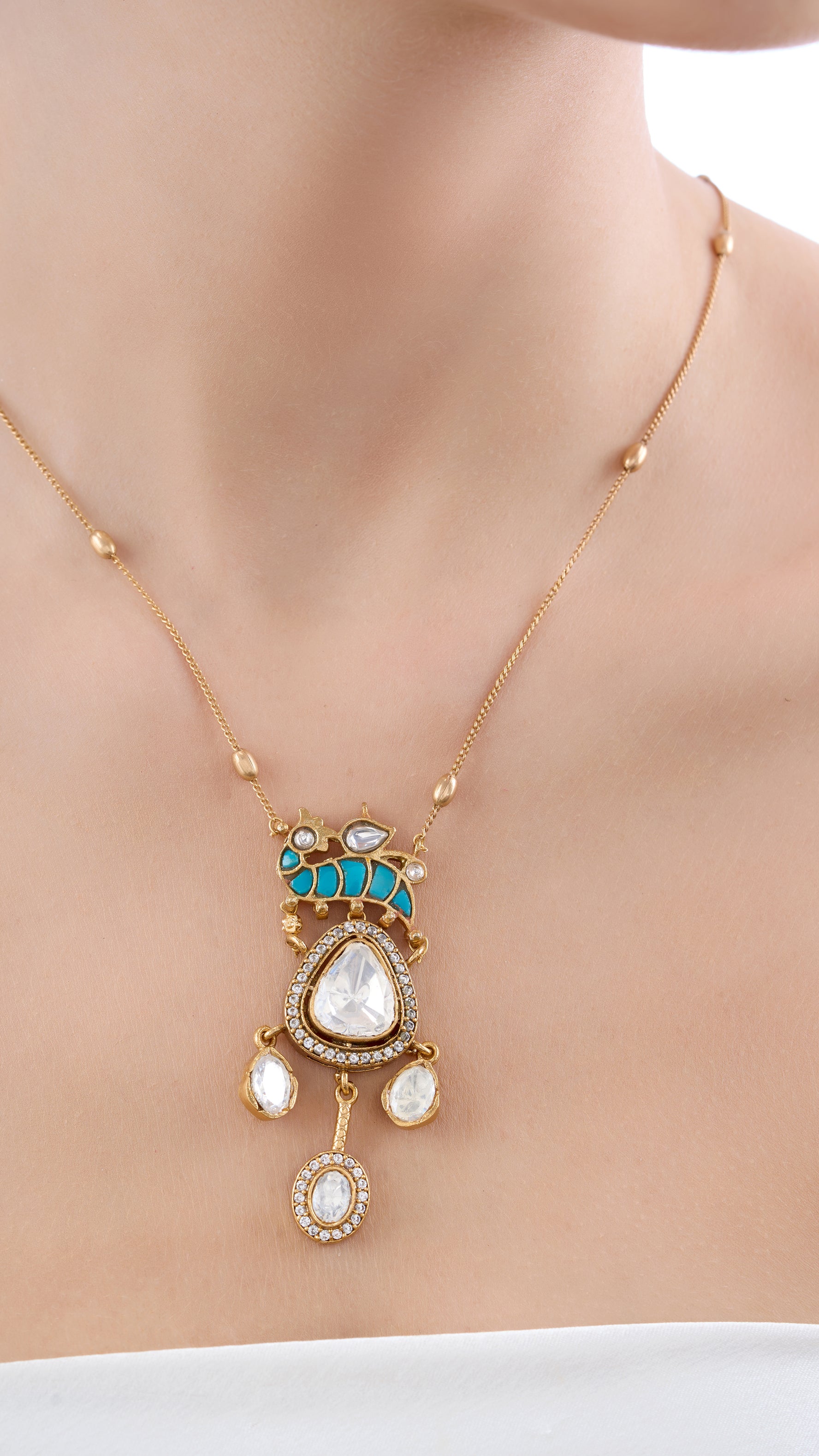 ANNAPURNA DROP NECKLACE SET WITH POLKI & SEMI PRECIOUS STONES IN TURQUOISE