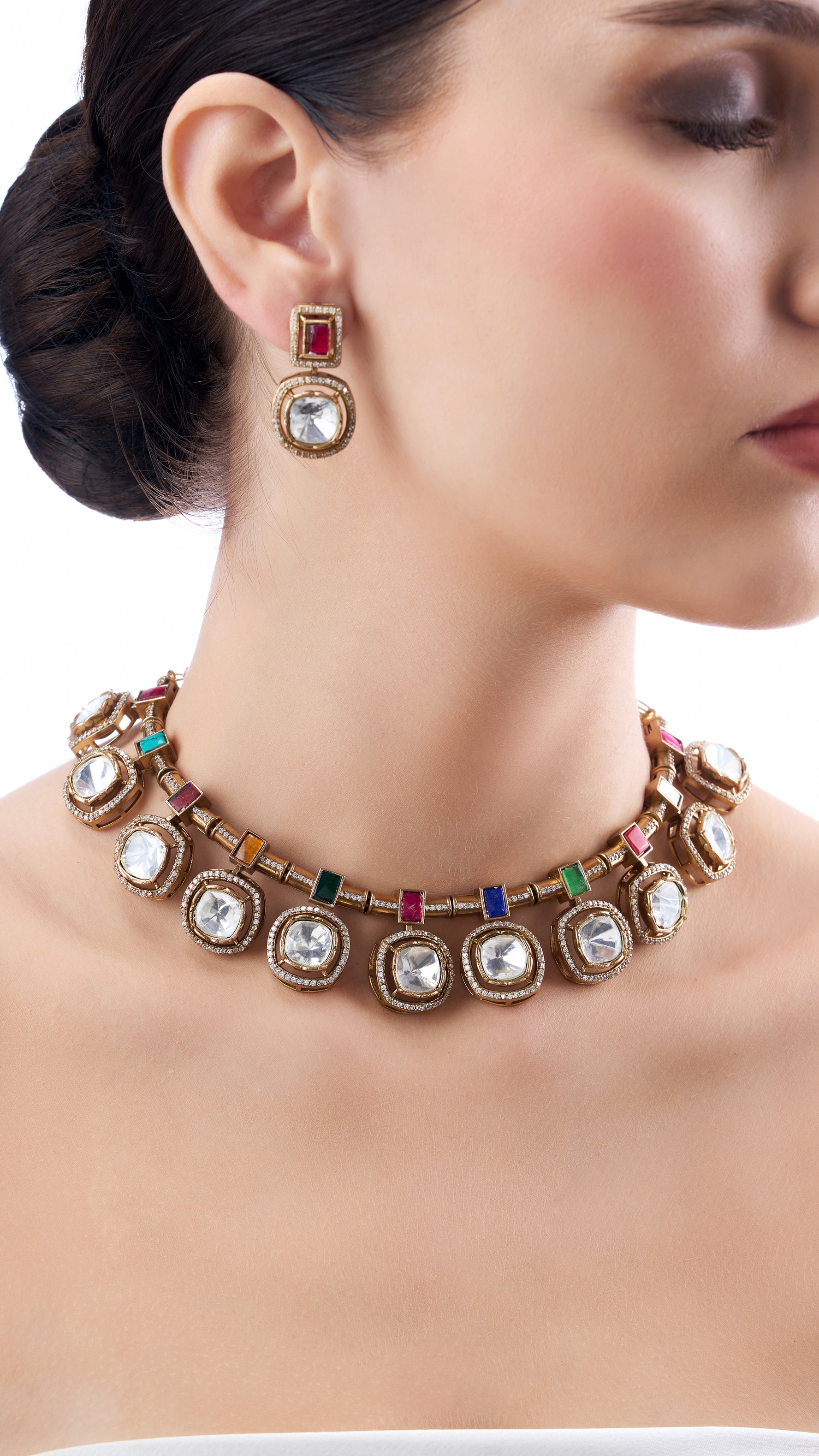 AAROHI ANTIQUE GOLD POLKI WITH ENAMEL NECKLACE SET WITH MULTI COLOUR STONES