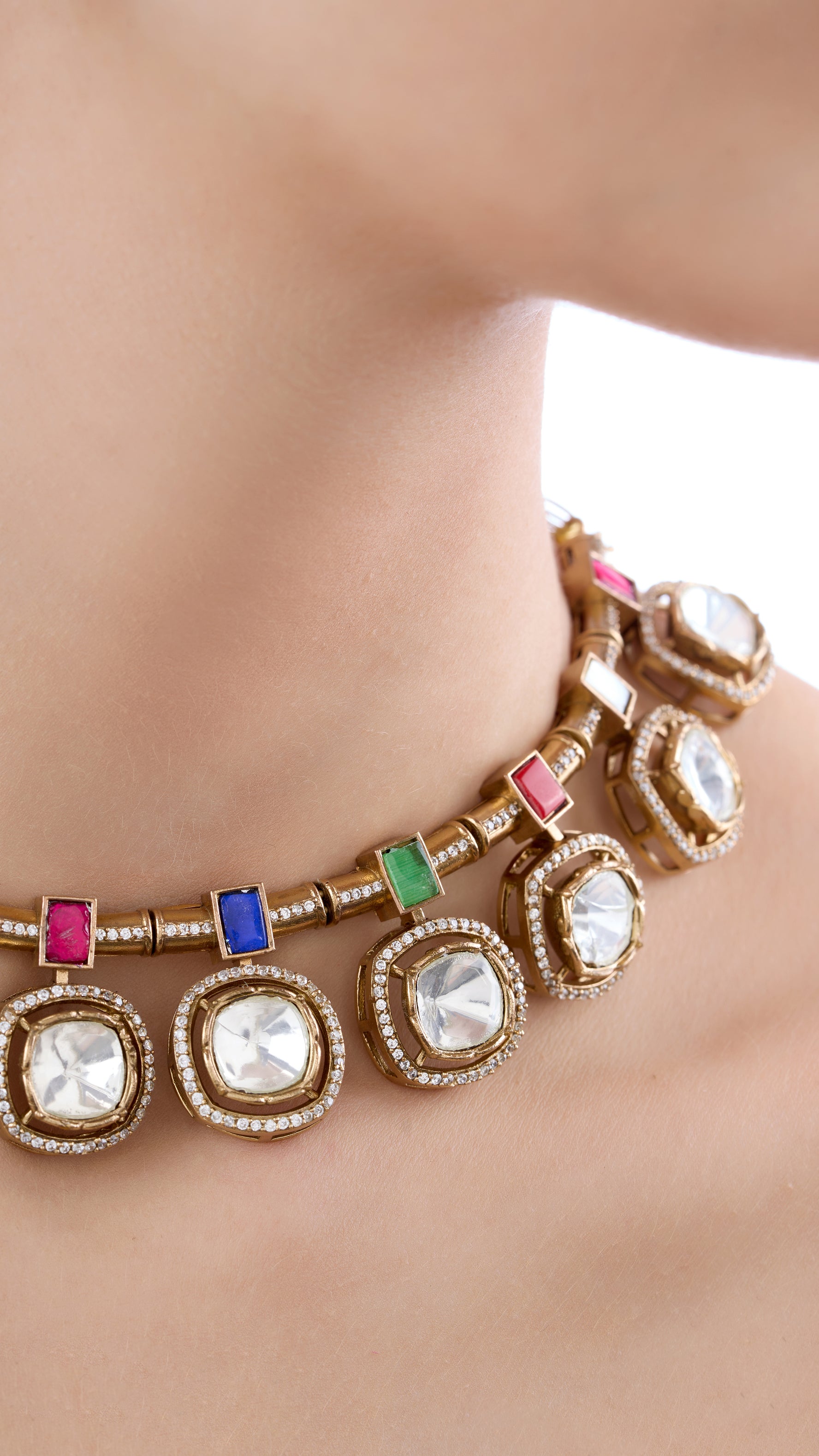 AAROHI ANTIQUE GOLD POLKI WITH ENAMEL NECKLACE SET WITH MULTI COLOUR STONES