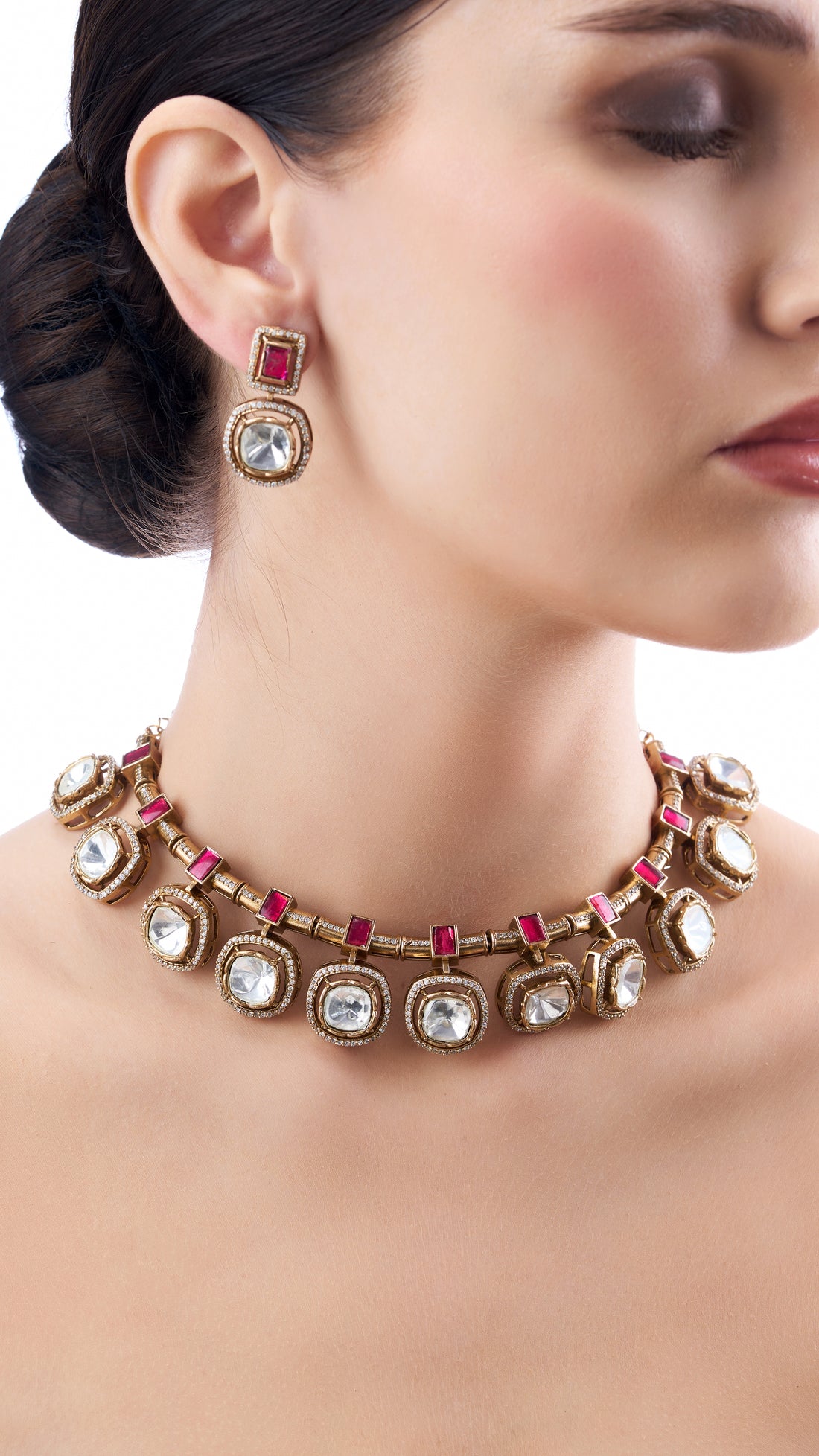 SUNDARI ANTIQUE GOLD POLKI WITH ENAMEL NECKLACE SET IN PINK WITH SEMI PRECIOUS STONES