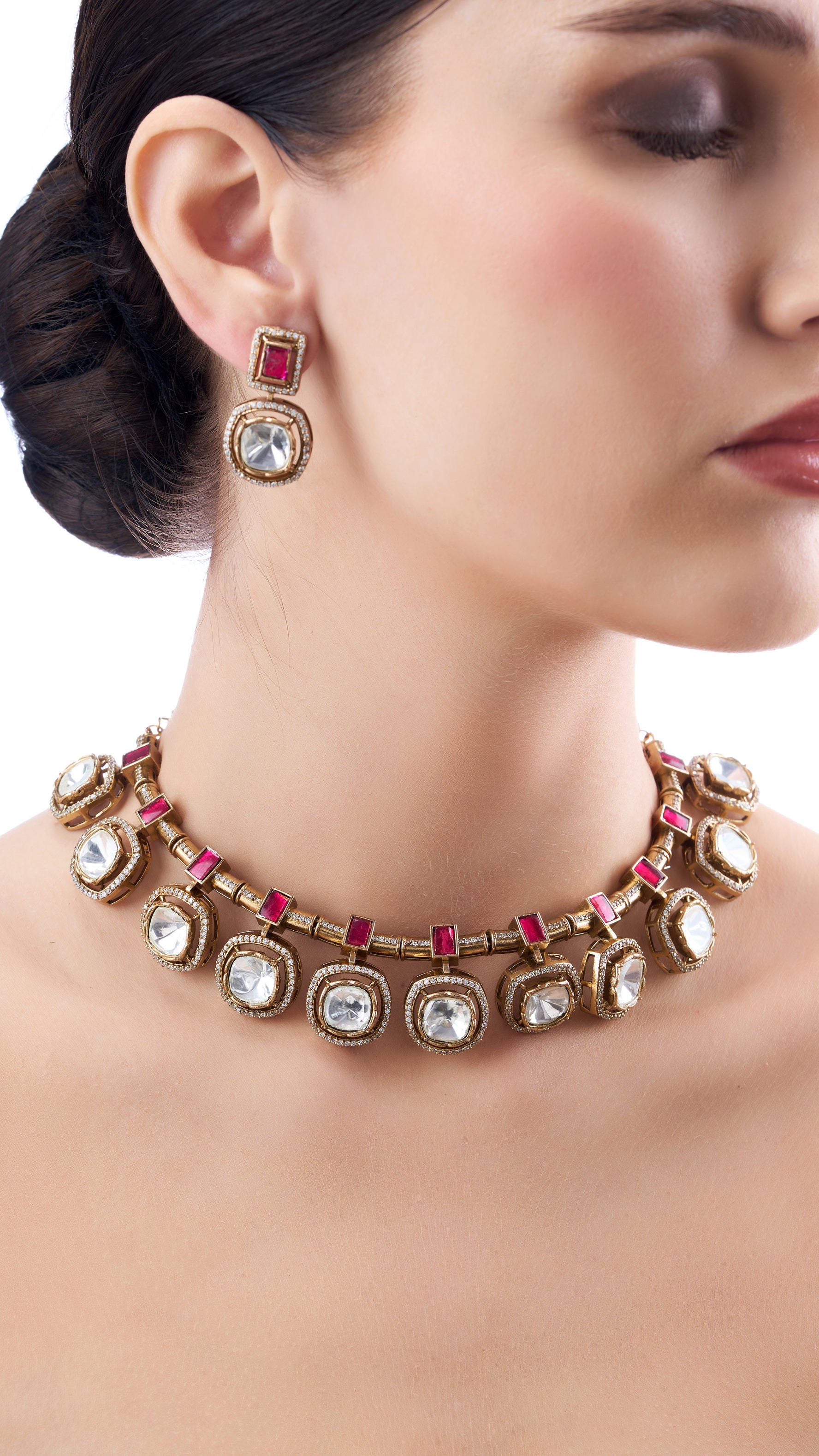SUNDARI ANTIQUE GOLD POLKI WITH ENAMEL NECKLACE SET IN PINK WITH SEMI PRECIOUS STONES
