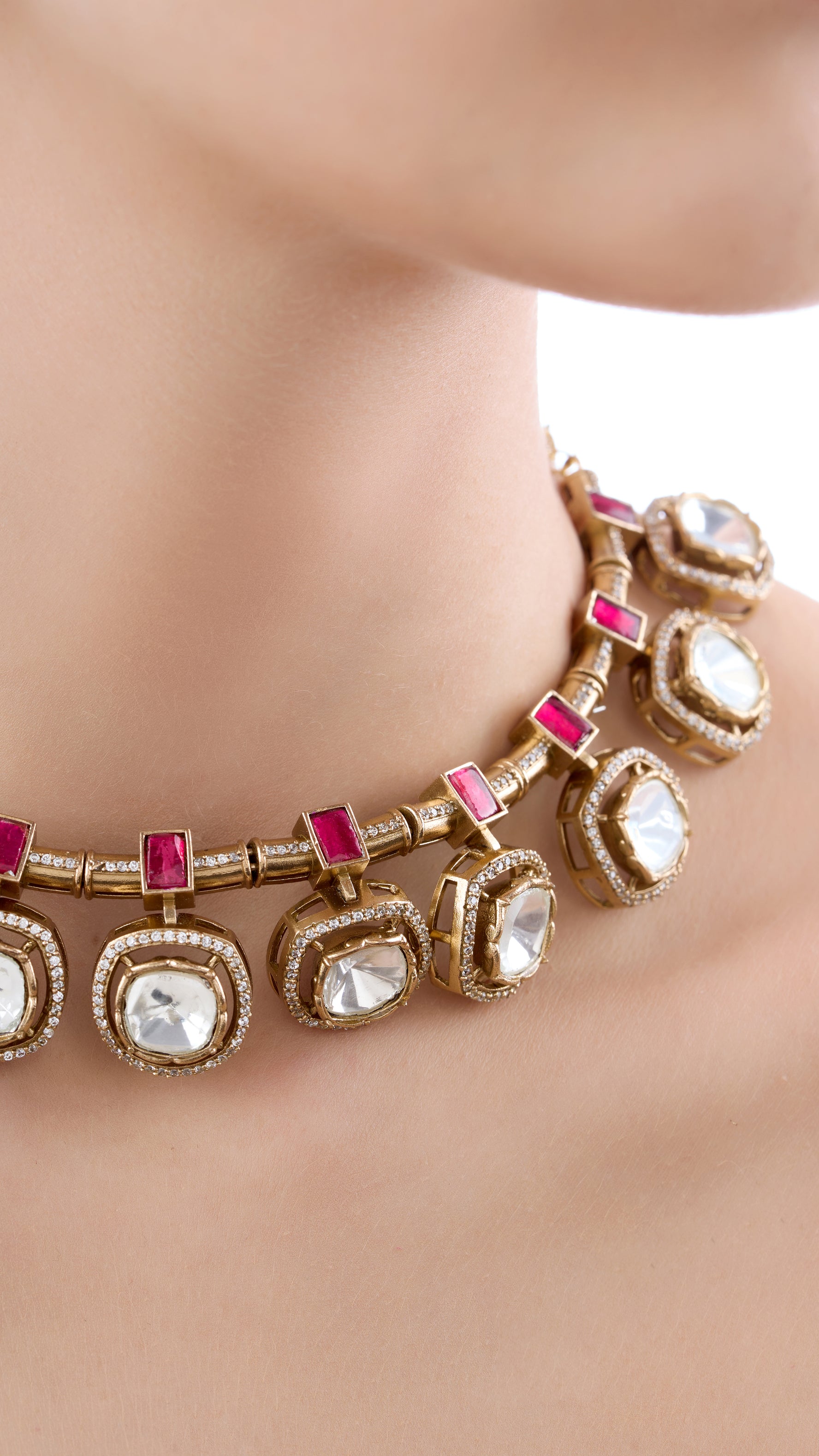 SUNDARI ANTIQUE GOLD POLKI WITH ENAMEL NECKLACE SET IN PINK WITH SEMI PRECIOUS STONES