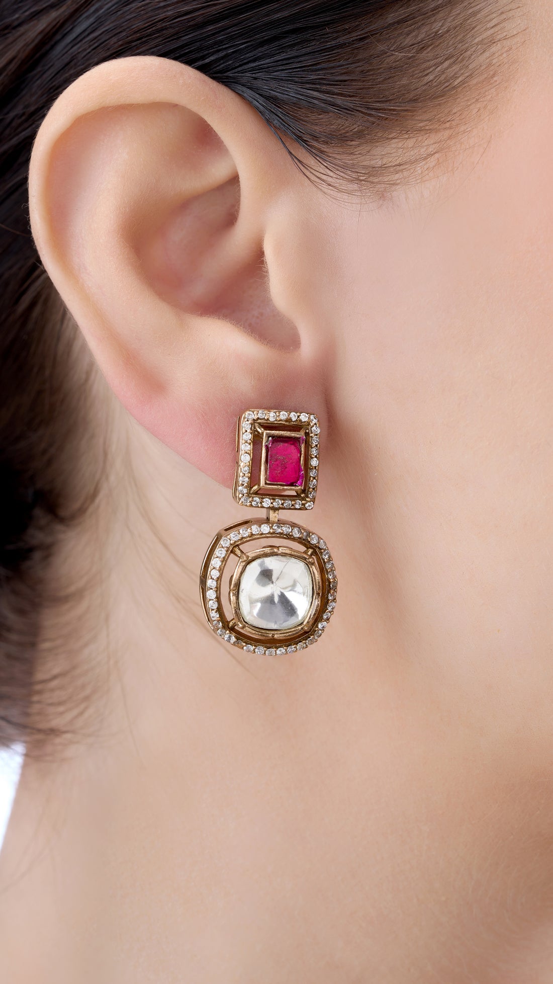 SUNDARI ANTIQUE GOLD POLKI WITH ENAMEL NECKLACE SET IN PINK WITH SEMI PRECIOUS STONES