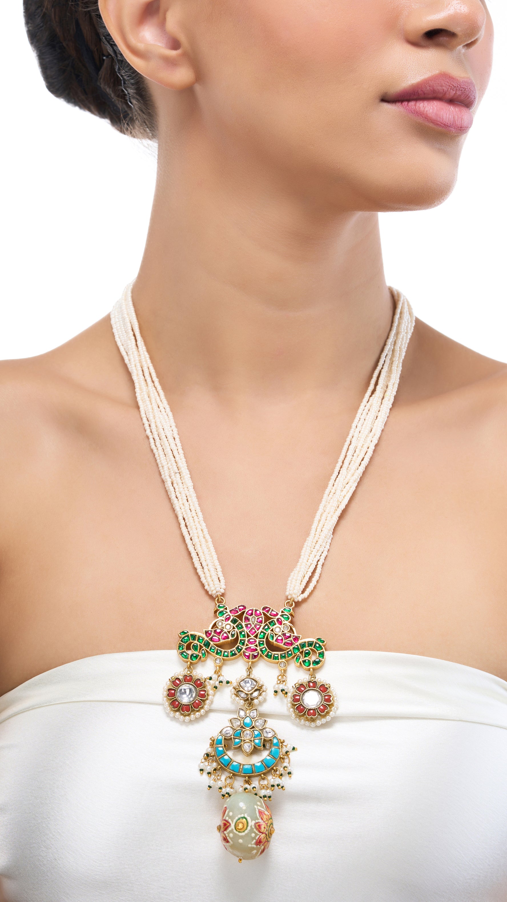 SULOCHANA HAND ENAMEL NECKLACE WITH PURE PEARLS & SEMI PRECIOUS STONES