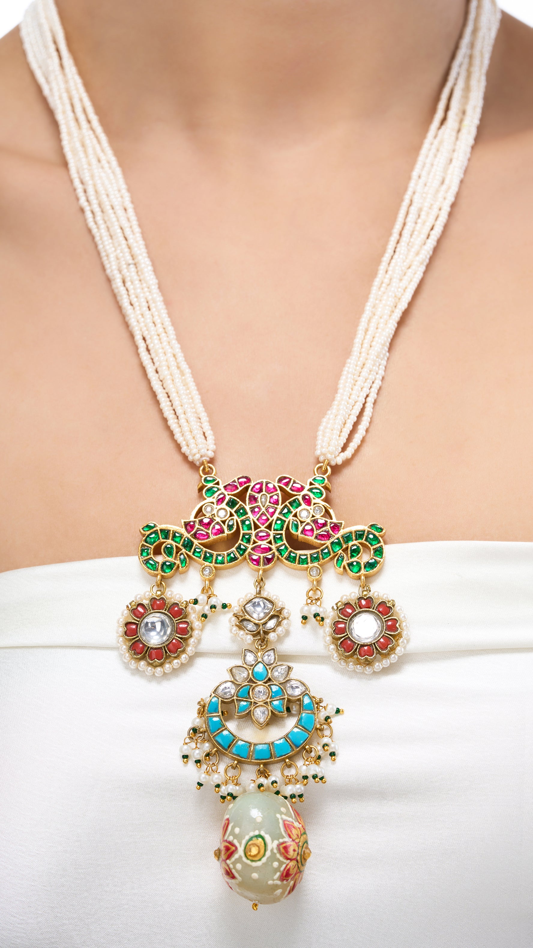 SULOCHANA HAND ENAMEL NECKLACE WITH PURE PEARLS & SEMI PRECIOUS STONES