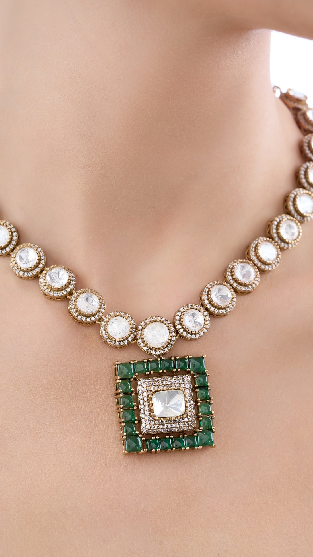 TANISHKA SQUARE POLKI NECKLACE WITH SEMI PRECIOUS STONES IN GREEN