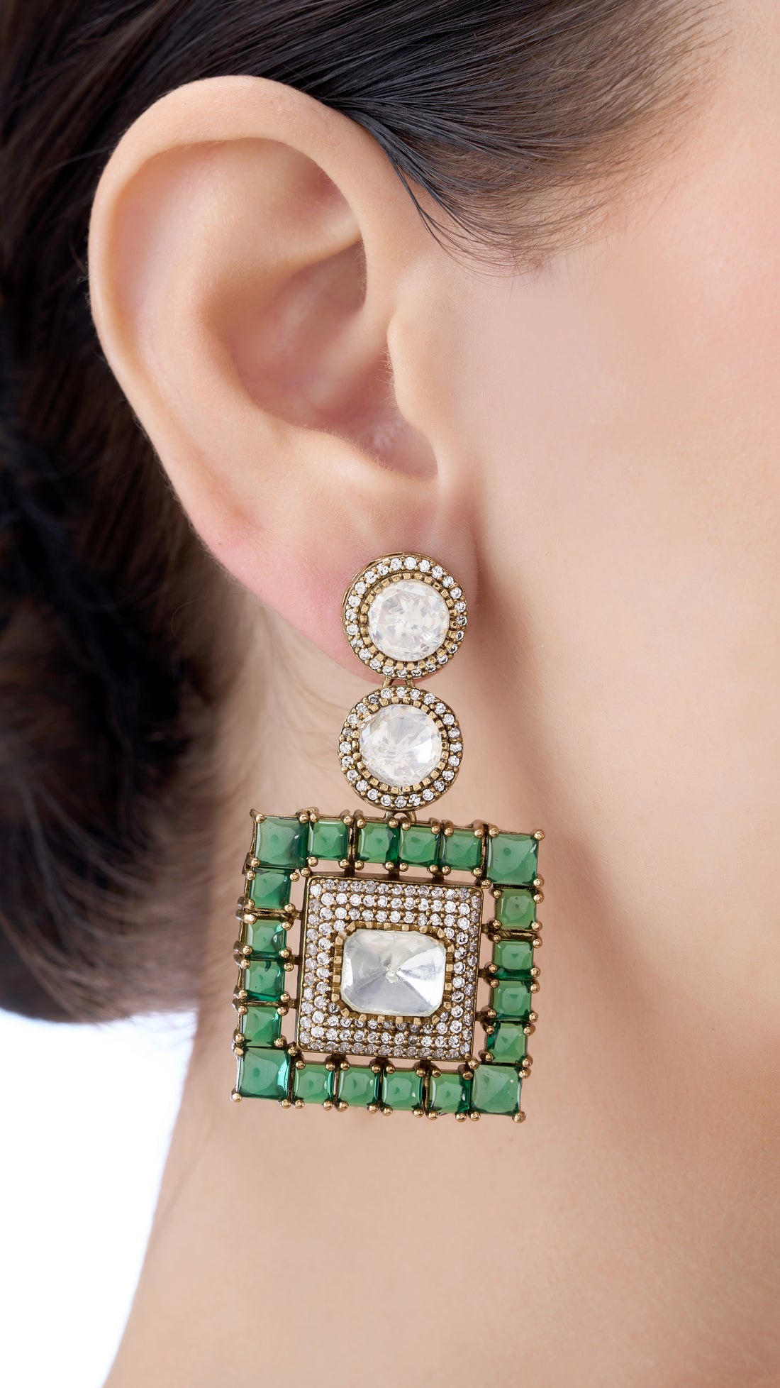 TANISHKA SQUARE POLKI NECKLACE WITH SEMI PRECIOUS STONES IN GREEN
