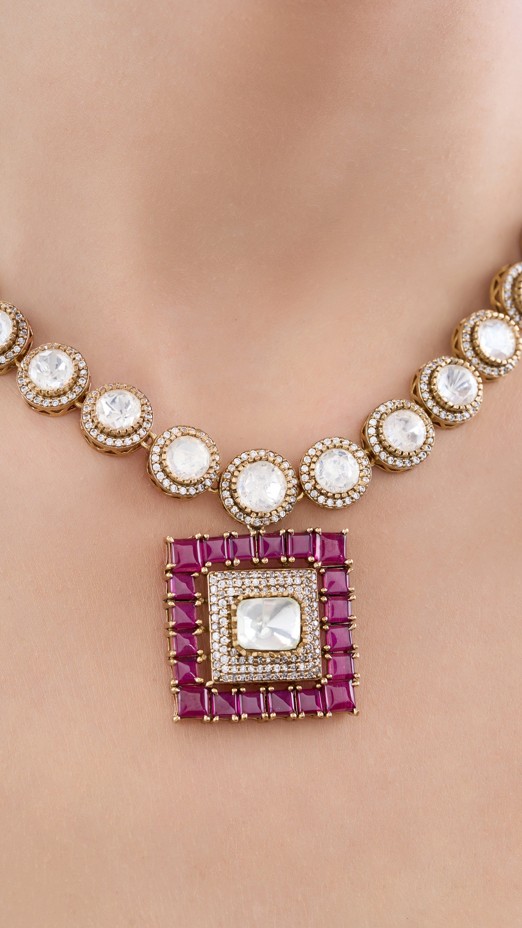 VEDA  SQUARE POLKI NECKLACE WITH SEMI PRECIOUS STONES IN PINK