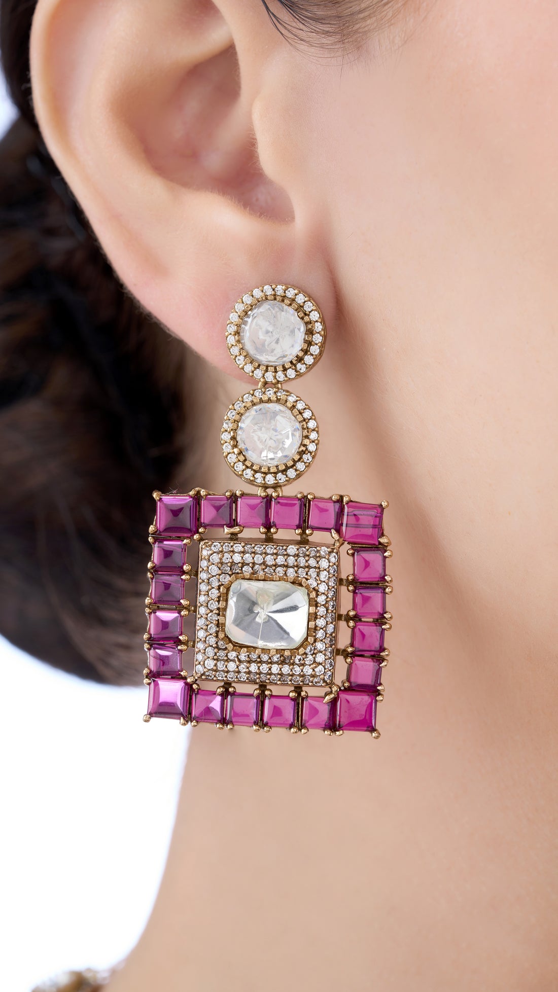 VEDA  SQUARE POLKI NECKLACE WITH SEMI PRECIOUS STONES IN PINK