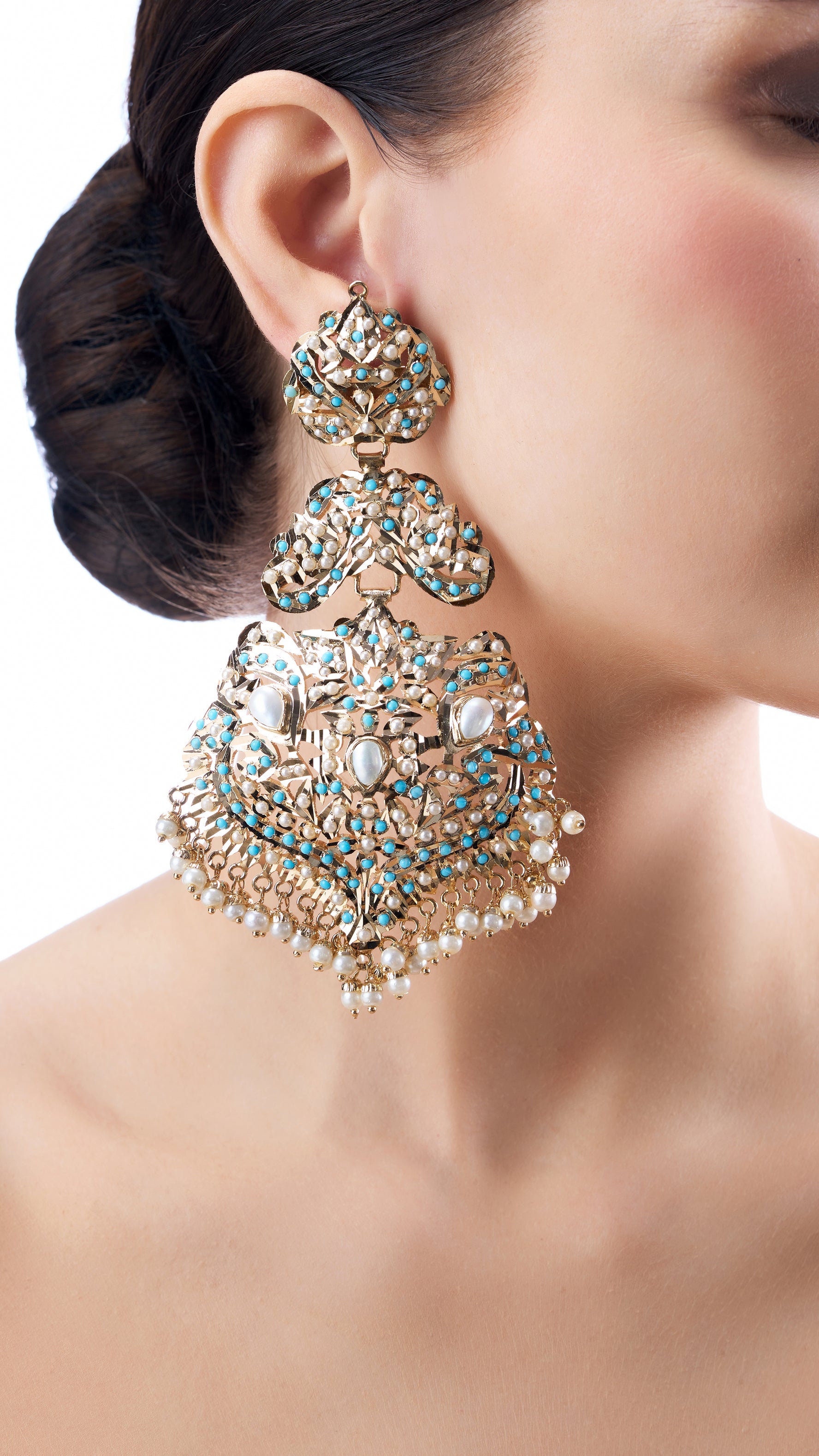 ANVITA STATEMENT JADAU GOLD FOIL CHANDBALI IN TURQUOISE AND PURE PEARLS