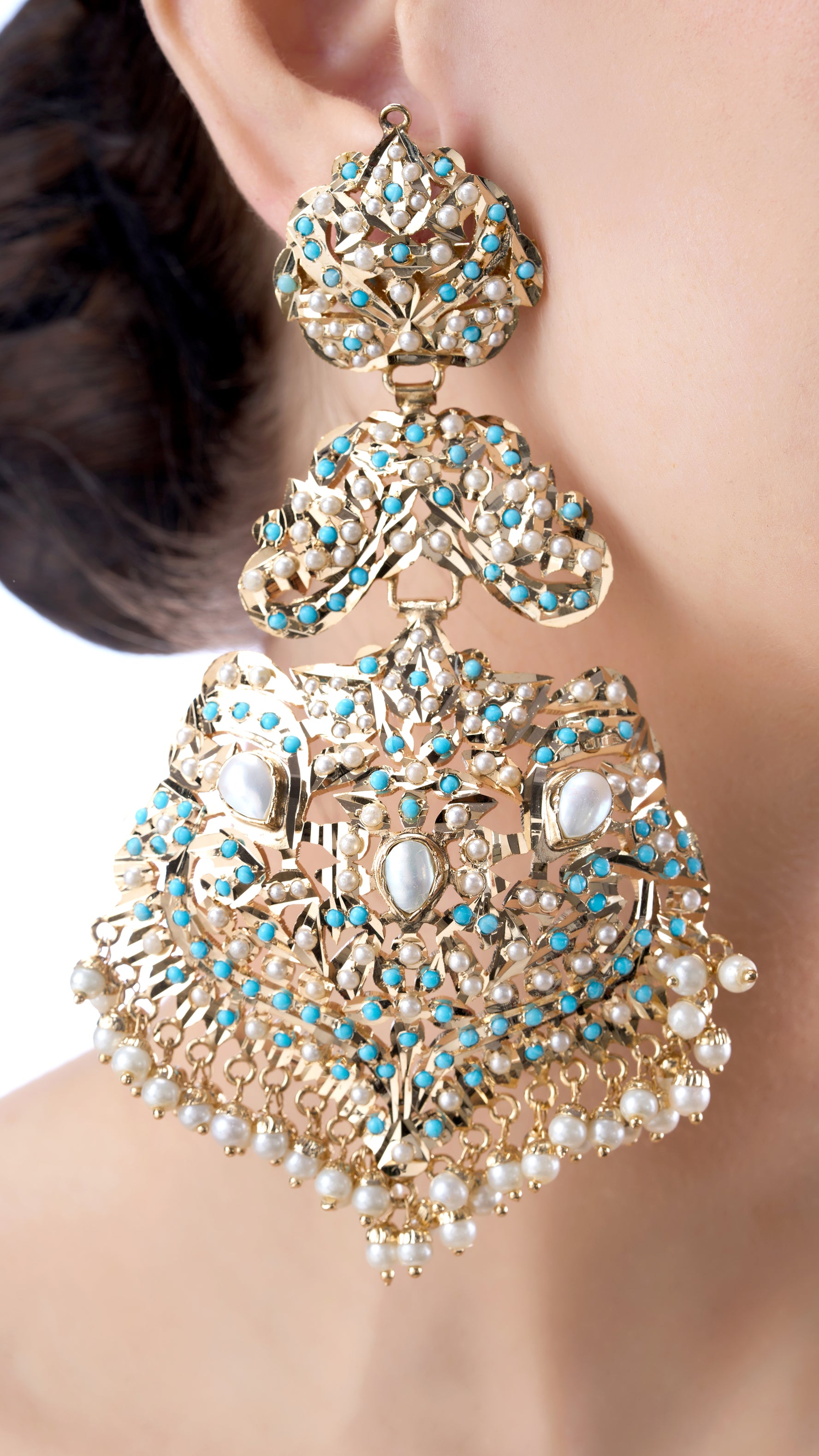 ANVITA STATEMENT JADAU GOLD FOIL CHANDBALI IN TURQUOISE AND PURE PEARLS