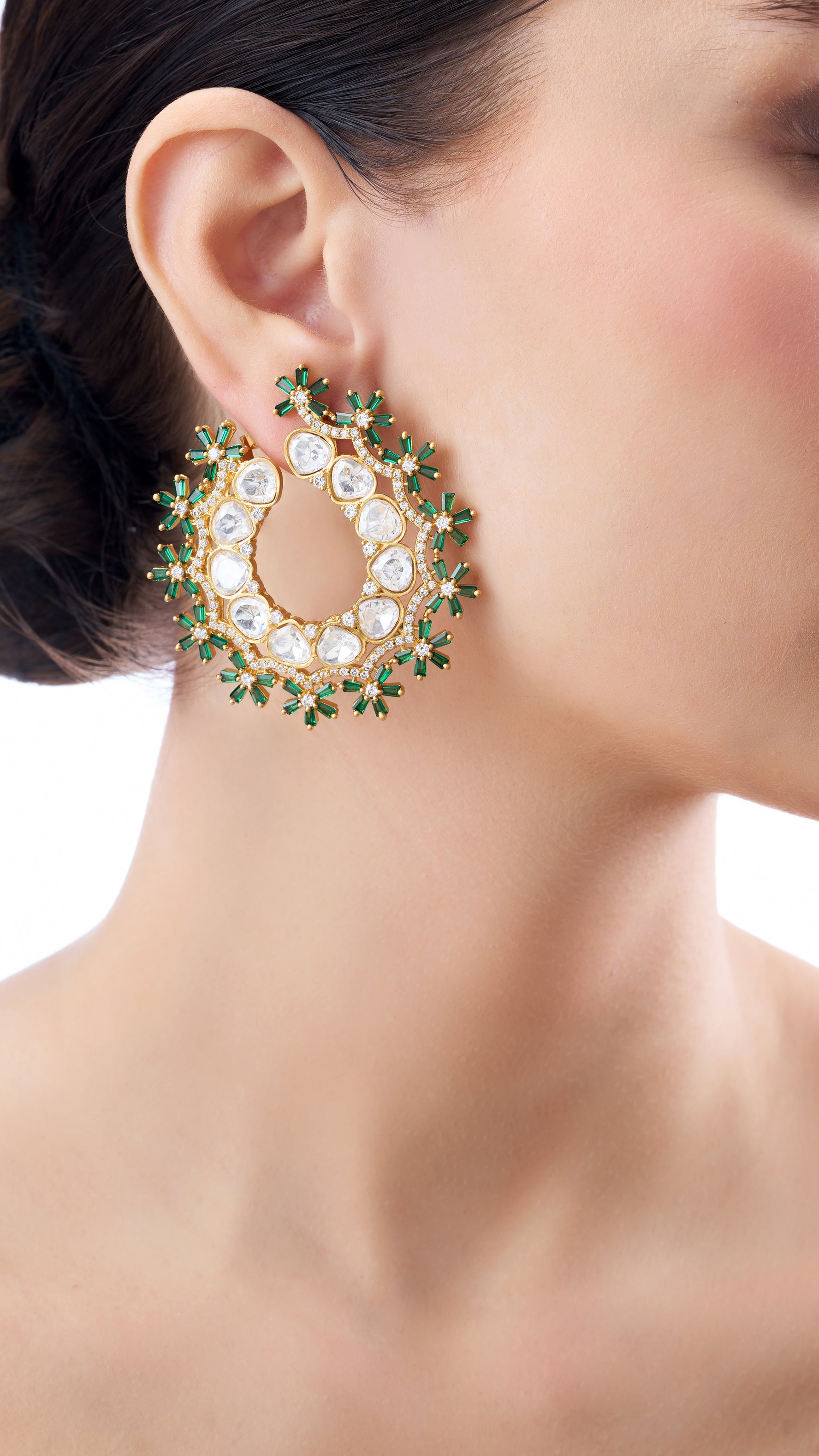 SHAILA TWO SIDE OPENABLE CHANDBALI WITH SEMI PRECIOUSE STONES IN GREEN