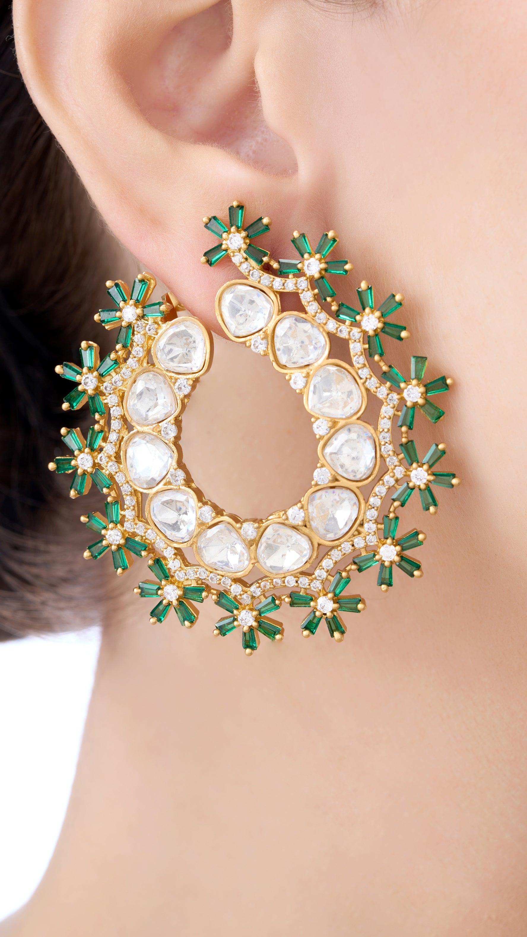SHAILA TWO SIDE OPENABLE CHANDBALI WITH SEMI PRECIOUSE STONES IN GREEN