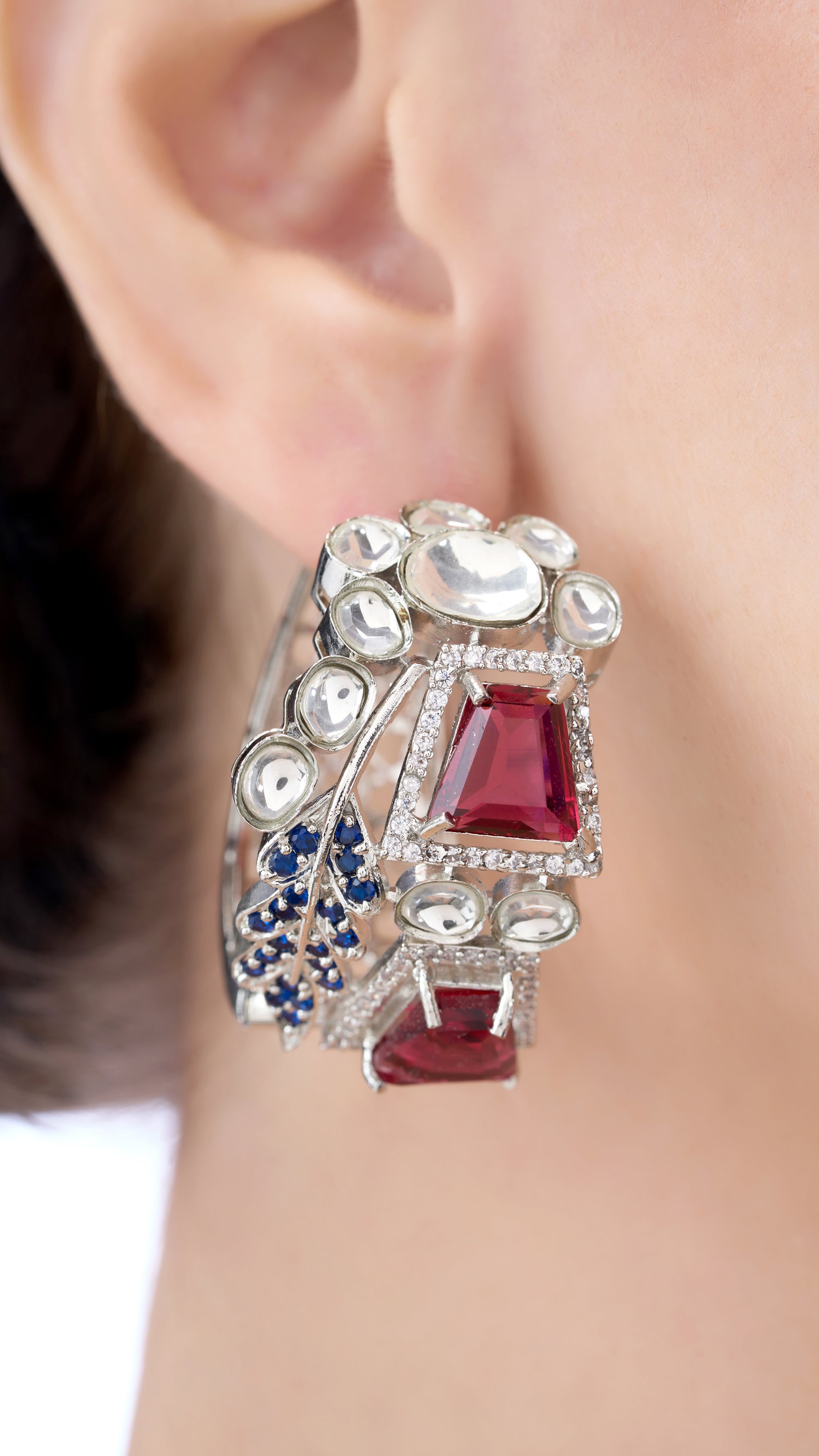 MANJIRI ABSTRACT MESH KUNDAN & SEMI PRECIOUS STONE HOOPS IN RED