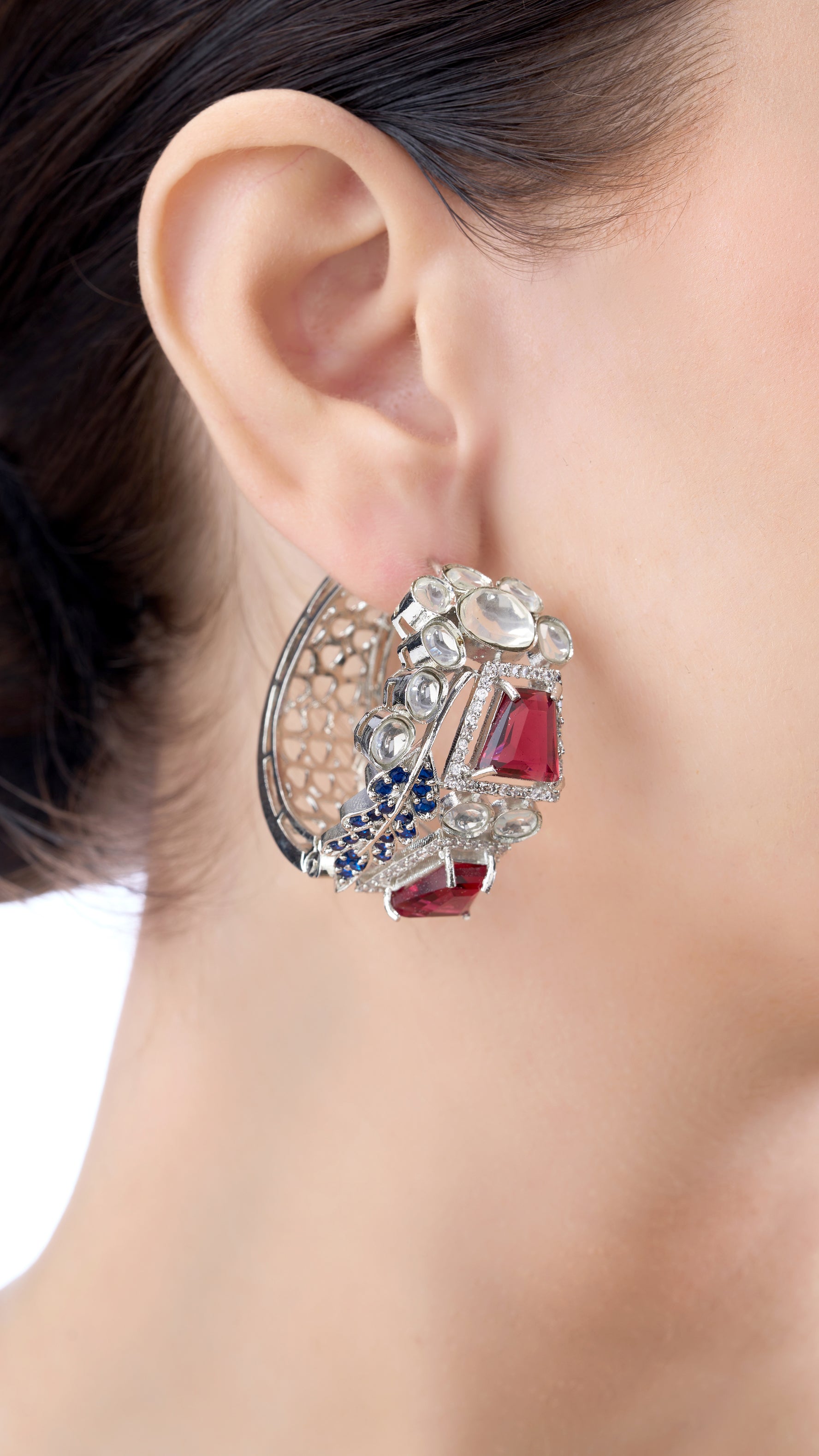 MANJIRI ABSTRACT MESH KUNDAN & SEMI PRECIOUS STONE HOOPS IN RED