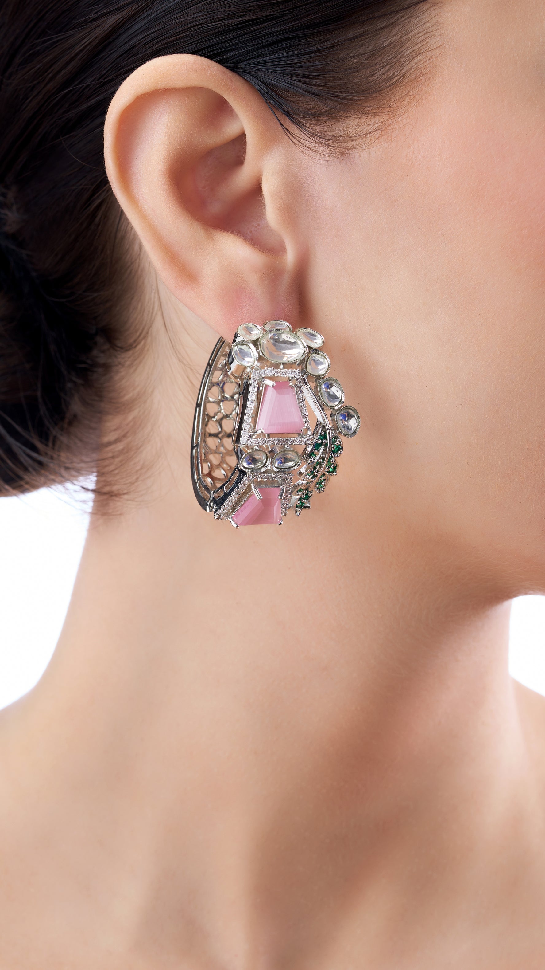 KANAK ABSTRACT MESH KUNDAN & SEMI PRECIOUS STONE HOOPS IN QUARTZ