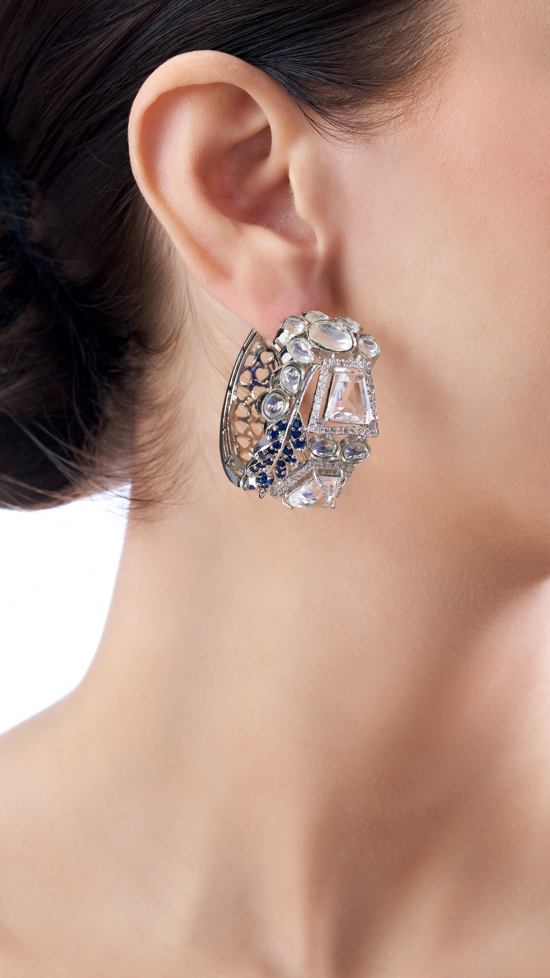 TANISHKA ABSTRACT MESH GOLD KUNDAN & SEMI PRECIOUS STONE HOOPS IN BLUE