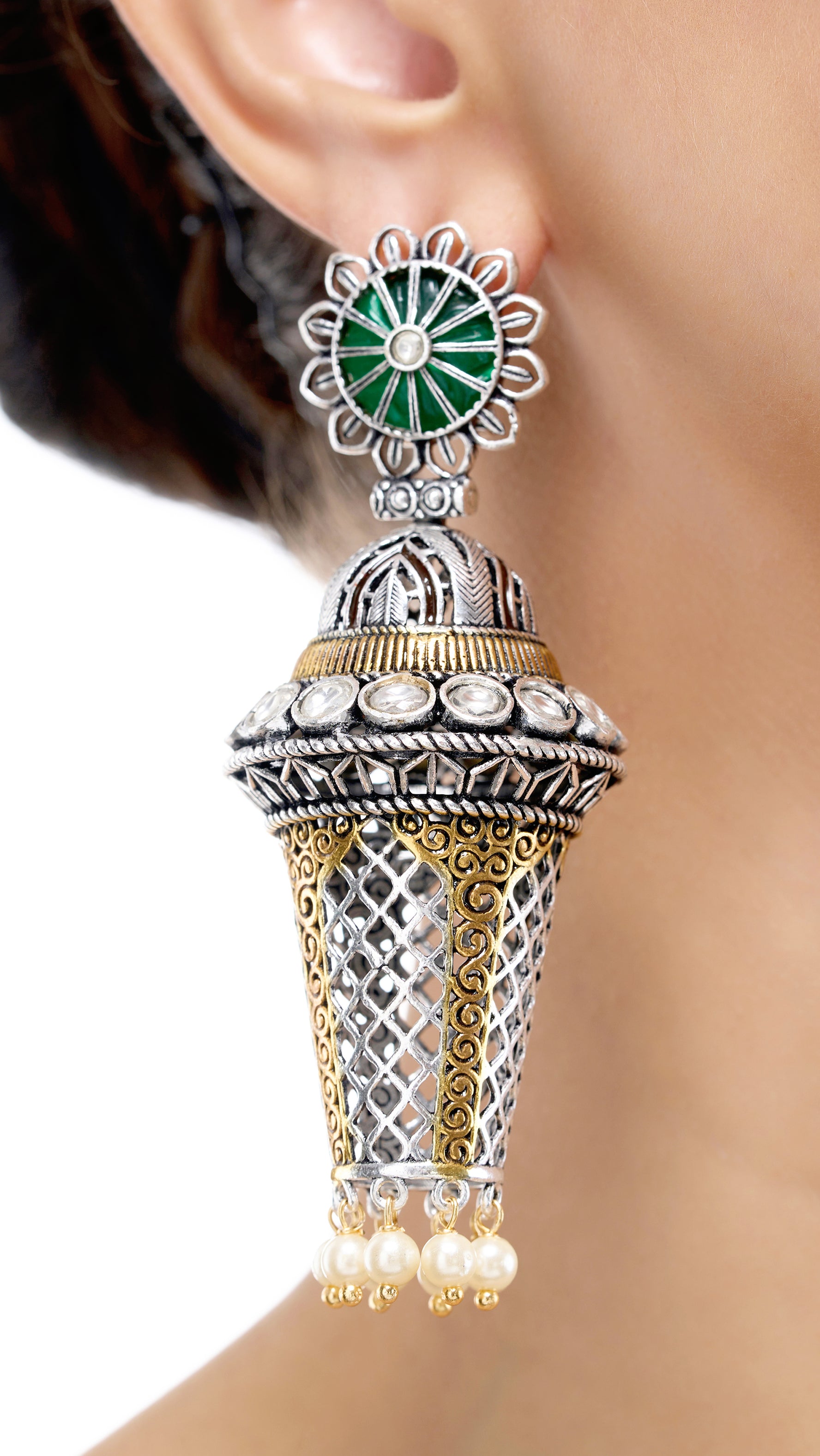 SWARUPA OXIDISED KUNDAN EARING WITH FILIGREE WORK