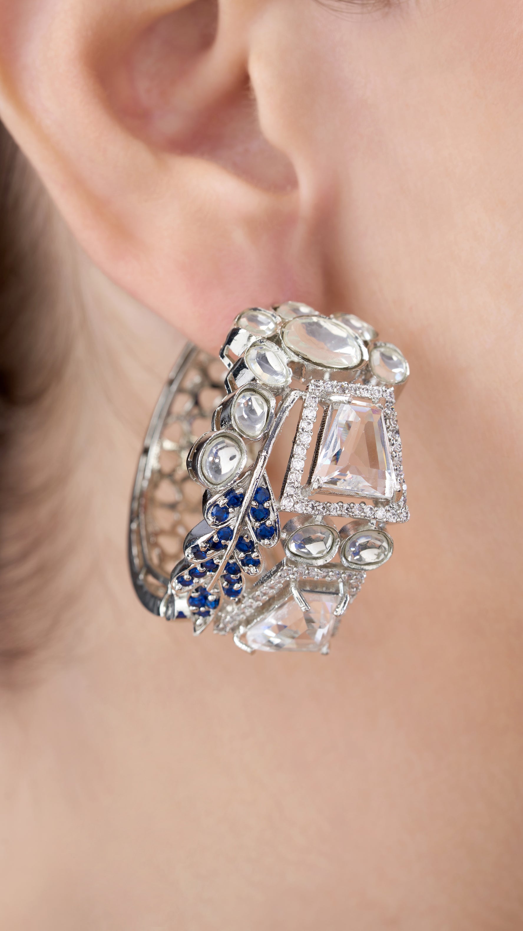 TANISHKA ABSTRACT MESH GOLD KUNDAN & SEMI PRECIOUS STONE HOOPS IN BLUE