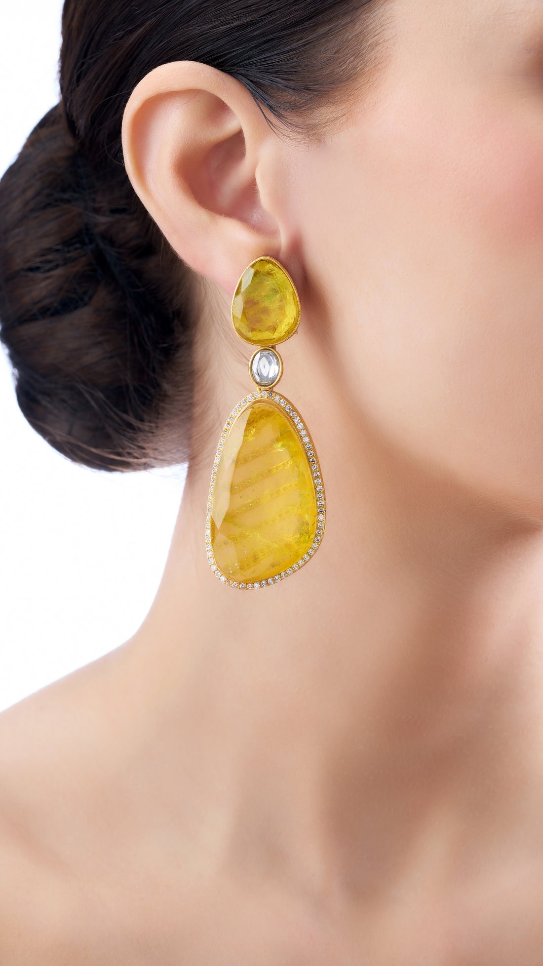 YASHIKA STATEMENT DOUBLE STONE EARRINGS IN YELLOW SEMI PRECIOUS STONE