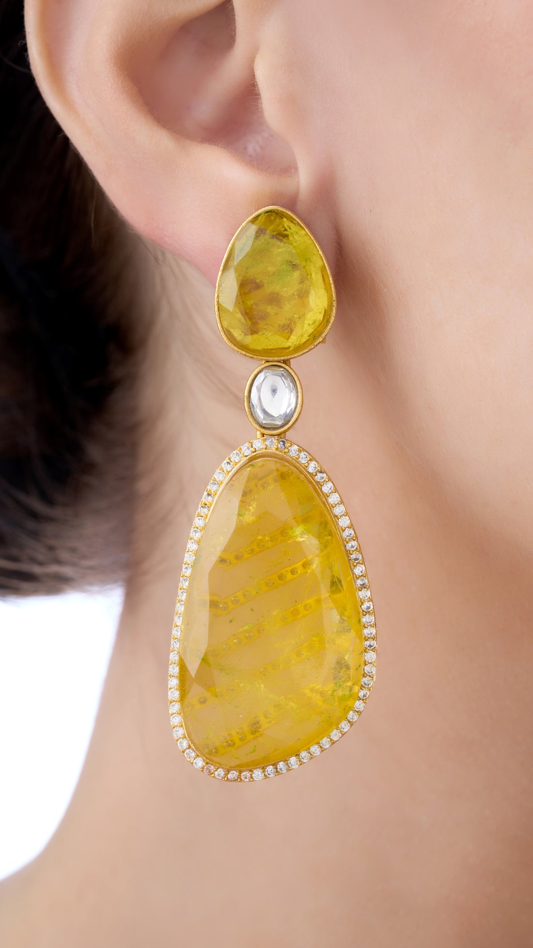 YASHIKA STATEMENT DOUBLE STONE EARRINGS IN YELLOW SEMI PRECIOUS STONE