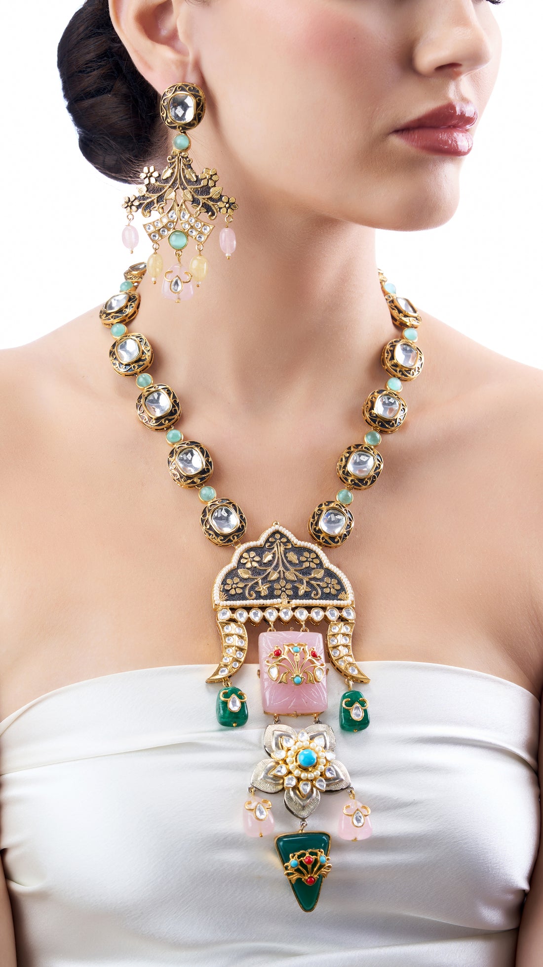 PRITHVI STATEMENT MUGAL FILIGREE NECKLACE SET WITH PURE QUARTZ AND SEMI PRECIOUS STONES