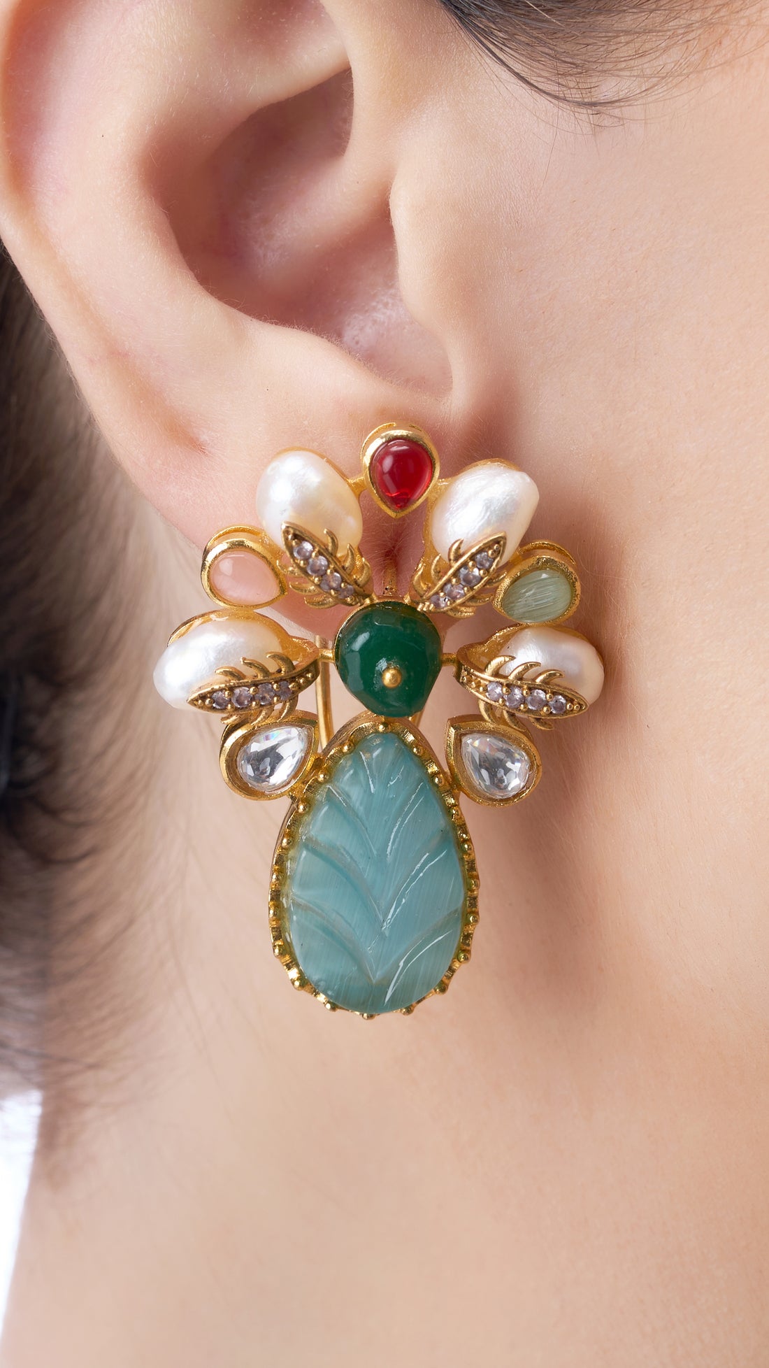 CHANDRA BAROQUE PEARL EARRINGS WITH SEMI PRECIOUS MONALISA STONE IN AQUA
