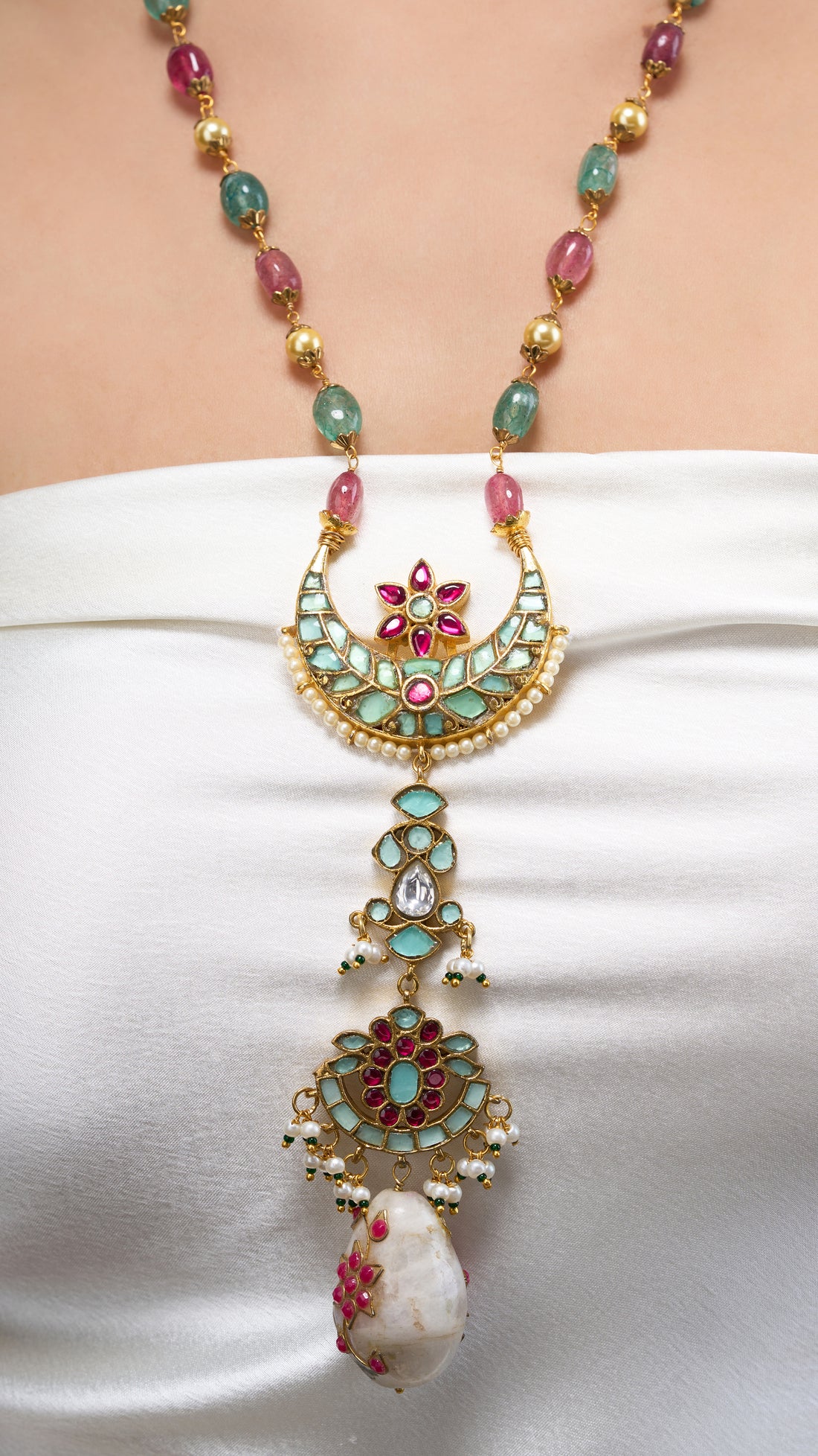 FIROZA HAND ENAMEL NECKLACE WITH PURE PEARLS & SEMI PRECIOUS STONES