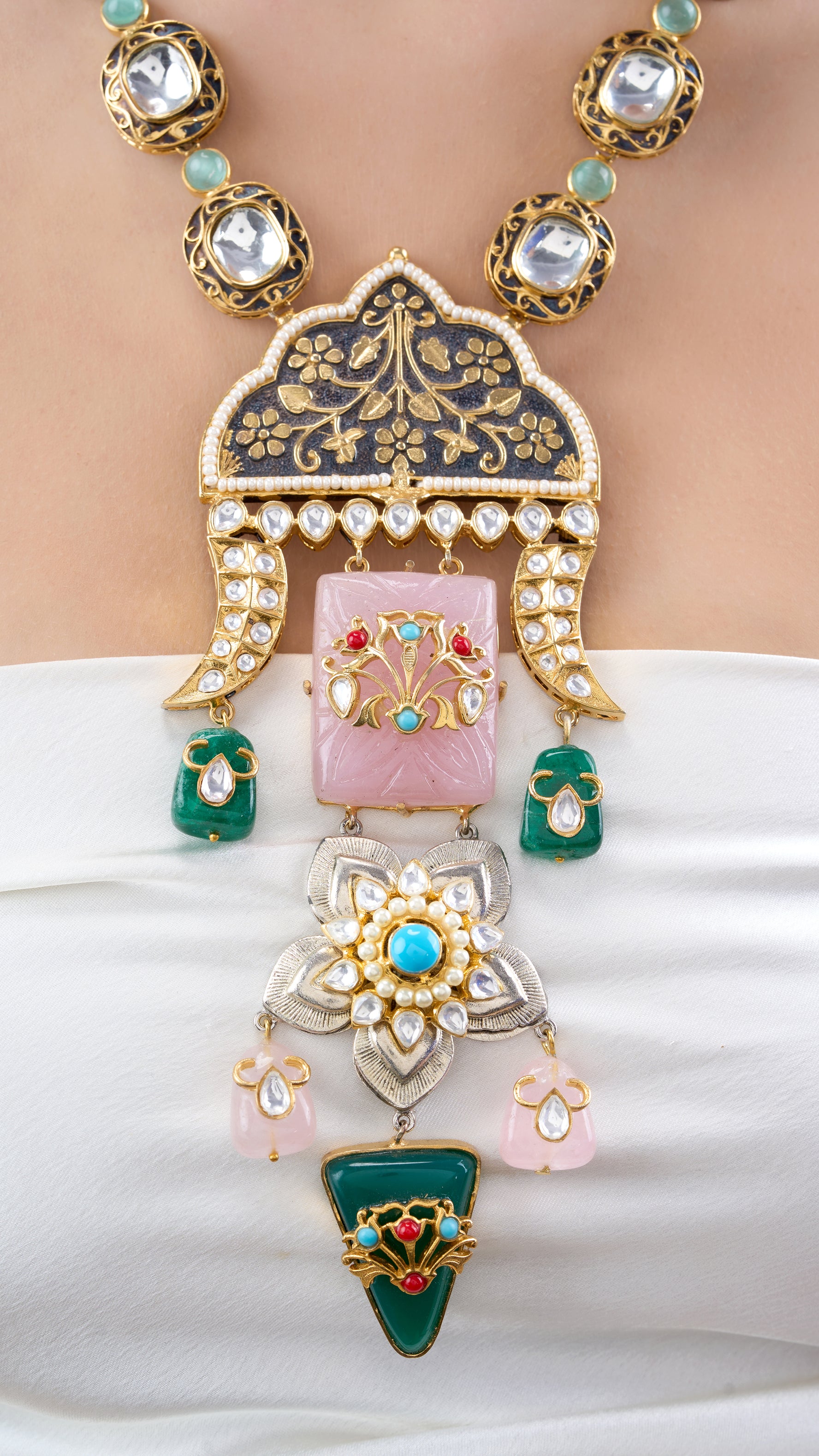 PRITHVI STATEMENT MUGAL FILIGREE NECKLACE SET WITH PURE QUARTZ AND SEMI PRECIOUS STONES