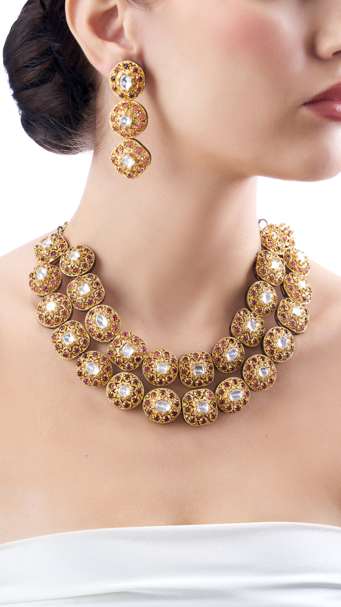 MEENAL DOUBLE LAYER GOLD FOIL FILIGREE NECKLACE SET WITH SEMI PRECIOUS STONES IN RED