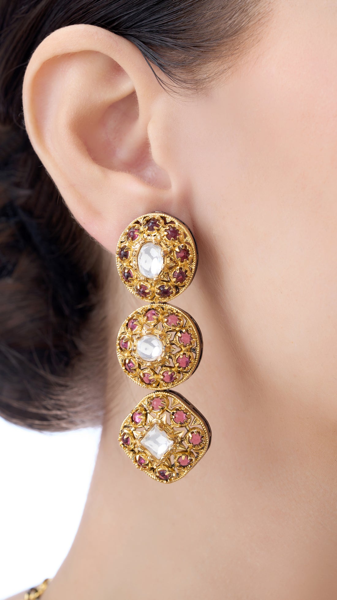 MEENAL DOUBLE LAYER GOLD FOIL FILIGREE NECKLACE SET WITH SEMI PRECIOUS STONES IN RED