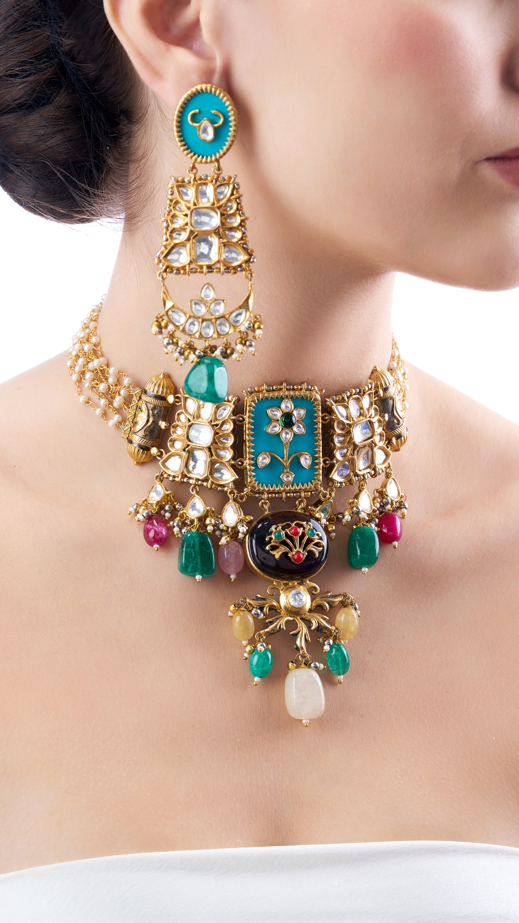 ROSHNI MULTI COLOUR HALDALI CHOKER NECKLACE SET WITH SEMI PRECIOUS STONES IN BLUE