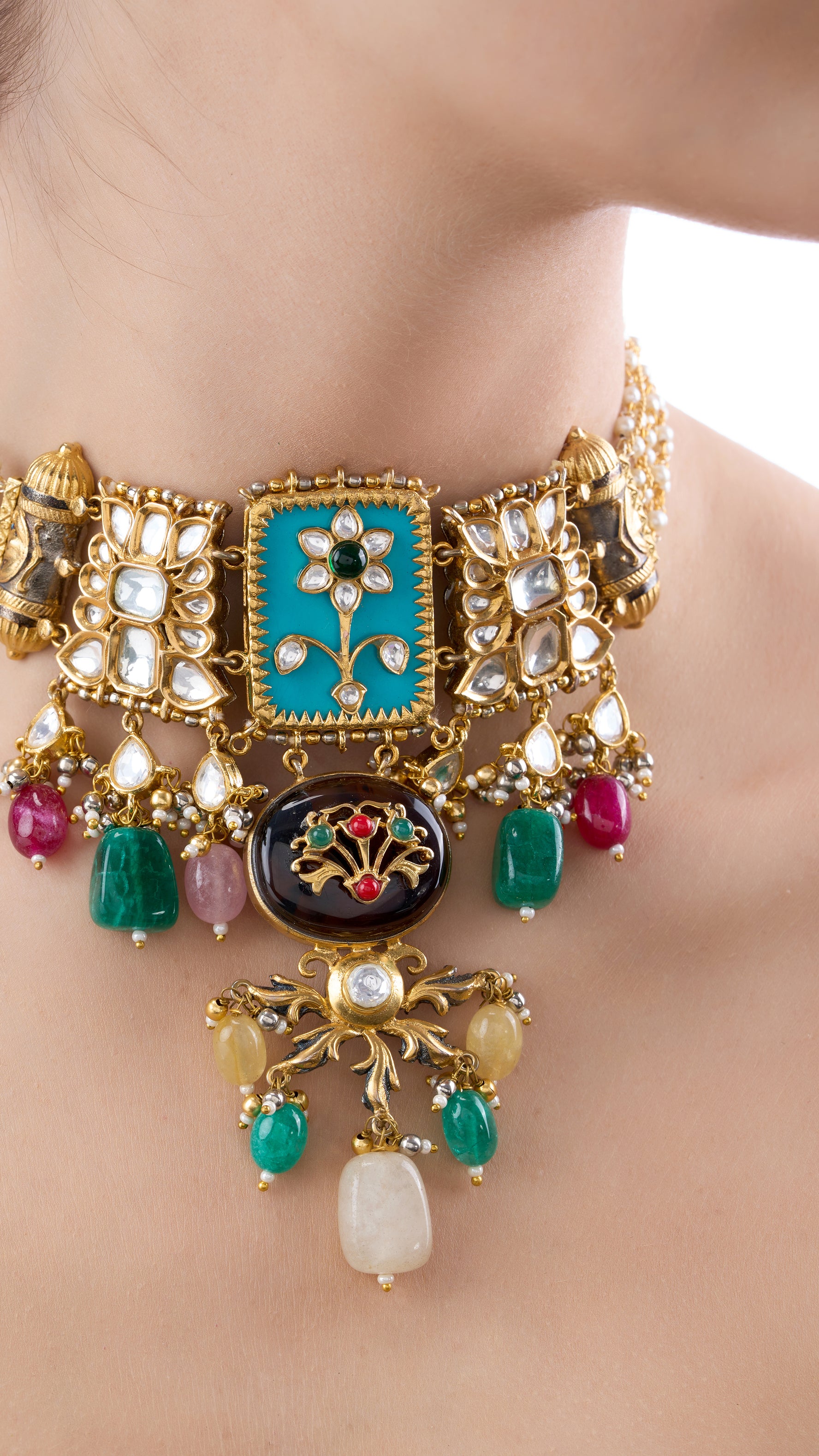 ROSHNI MULTI COLOUR HALDALI CHOKER NECKLACE SET WITH SEMI PRECIOUS STONES IN BLUE