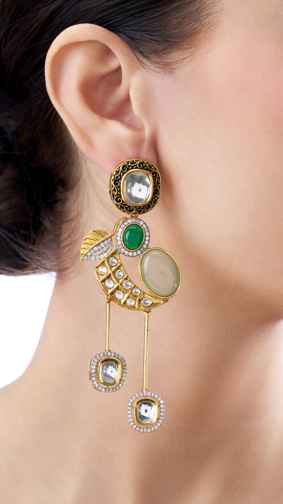 AADHYA ABSTRACT LEAF EARRINGS WITH DOUBLE DROP IN GREEN