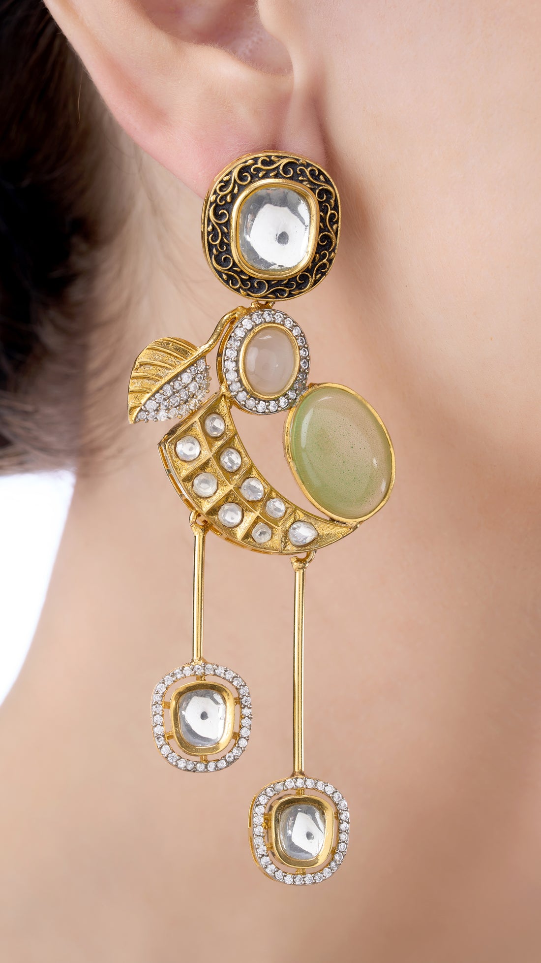 TARINI ABSTRACT LEAF EARRINGS WITH DOUBLE DROP IN LIME GREEN