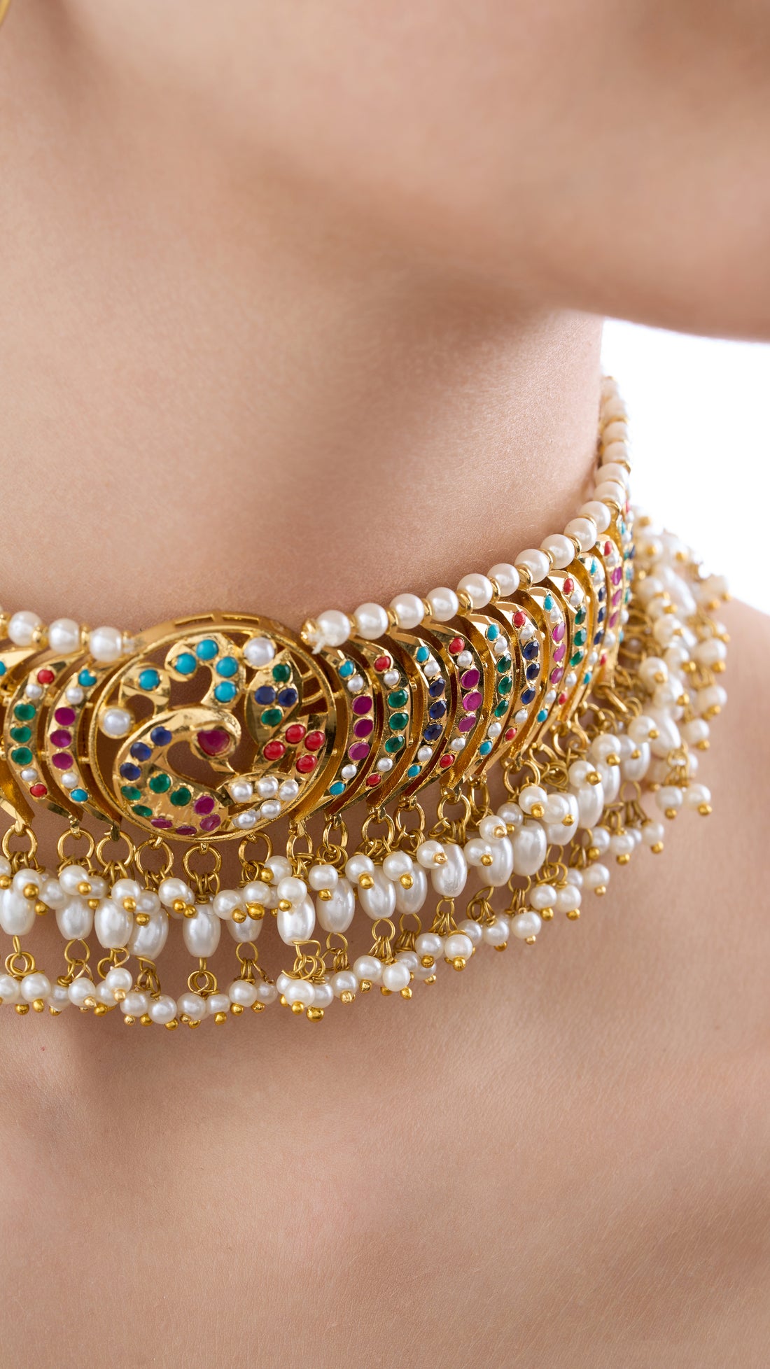 PRANJALI HANDCRAFTED JADAU GOLD FOIL CHOKER NECKLACE SET IN MULTI COLOUR WITH PURE PEARLS