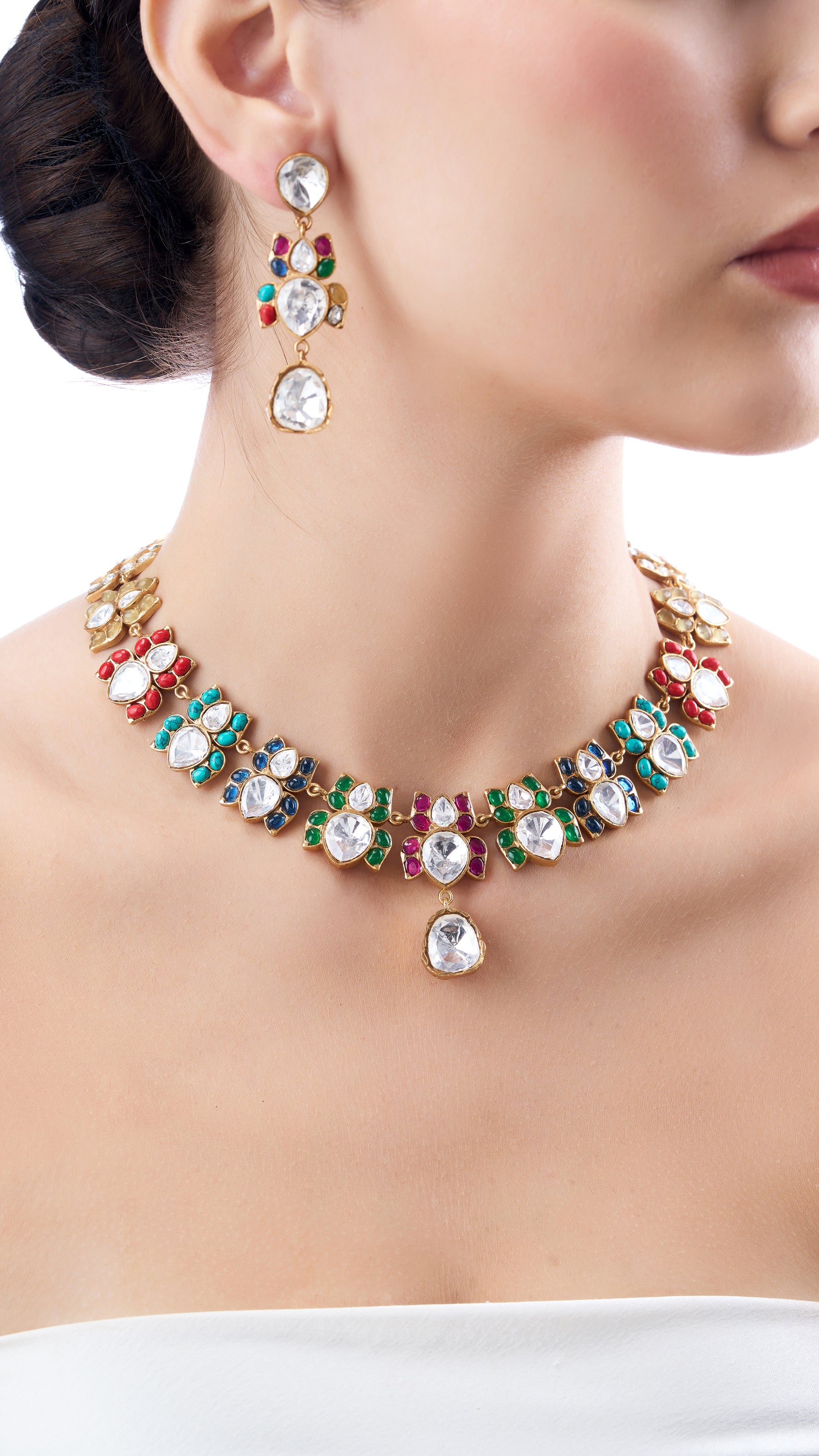 NIVRITI DOUBLE LAYER PEAR DROP POLKI NECKLACE SET WITH SEMI PRECIOUS STONES IN MULTI COLOUR