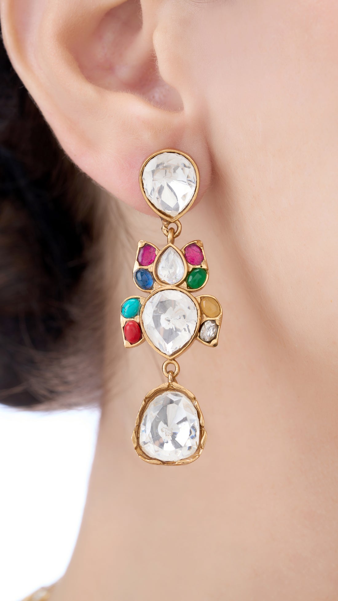 NIVRITI DOUBLE LAYER PEAR DROP POLKI NECKLACE SET WITH SEMI PRECIOUS STONES IN MULTI COLOUR