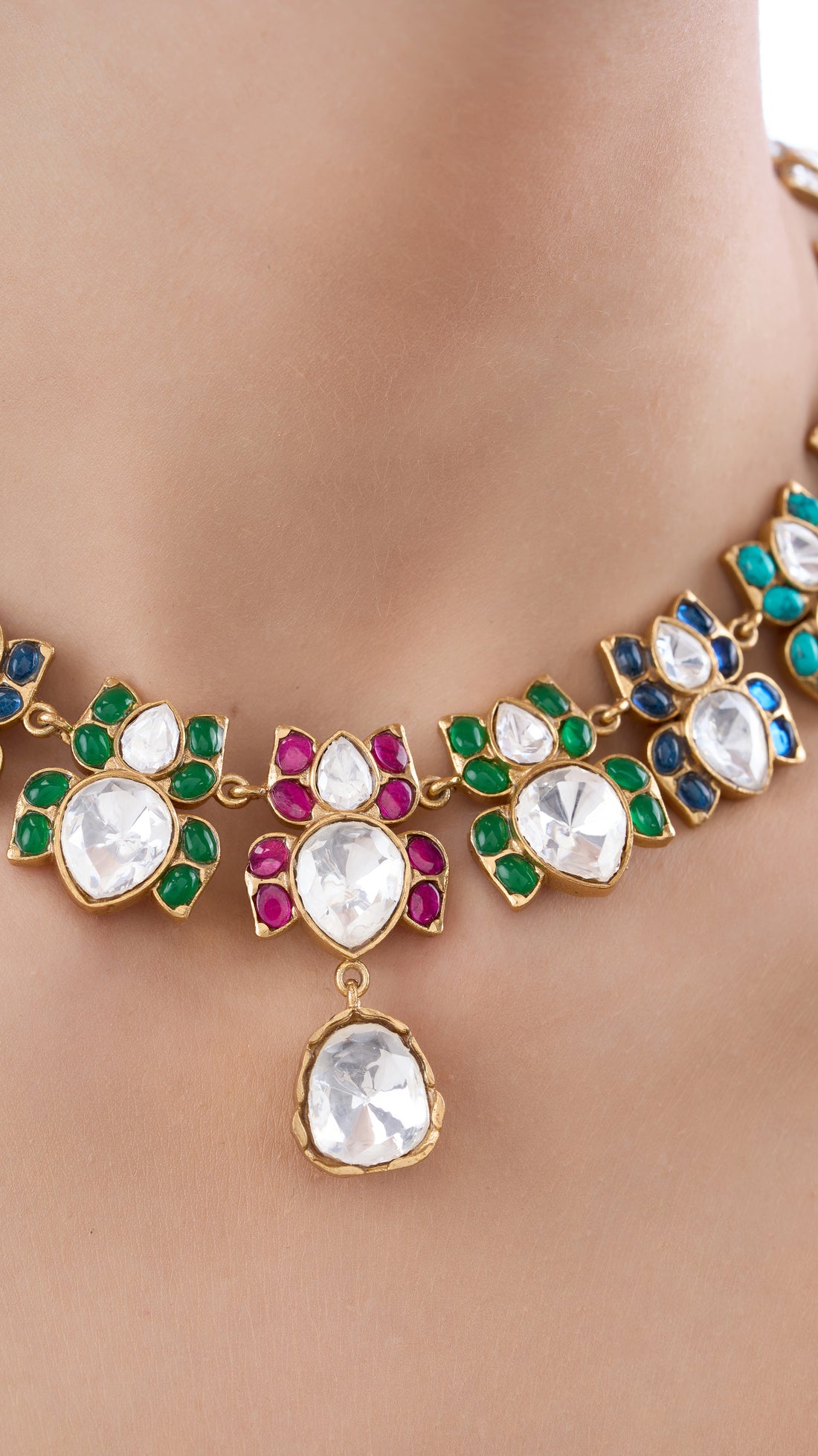 NIVRITI DOUBLE LAYER PEAR DROP POLKI NECKLACE SET WITH SEMI PRECIOUS STONES IN MULTI COLOUR