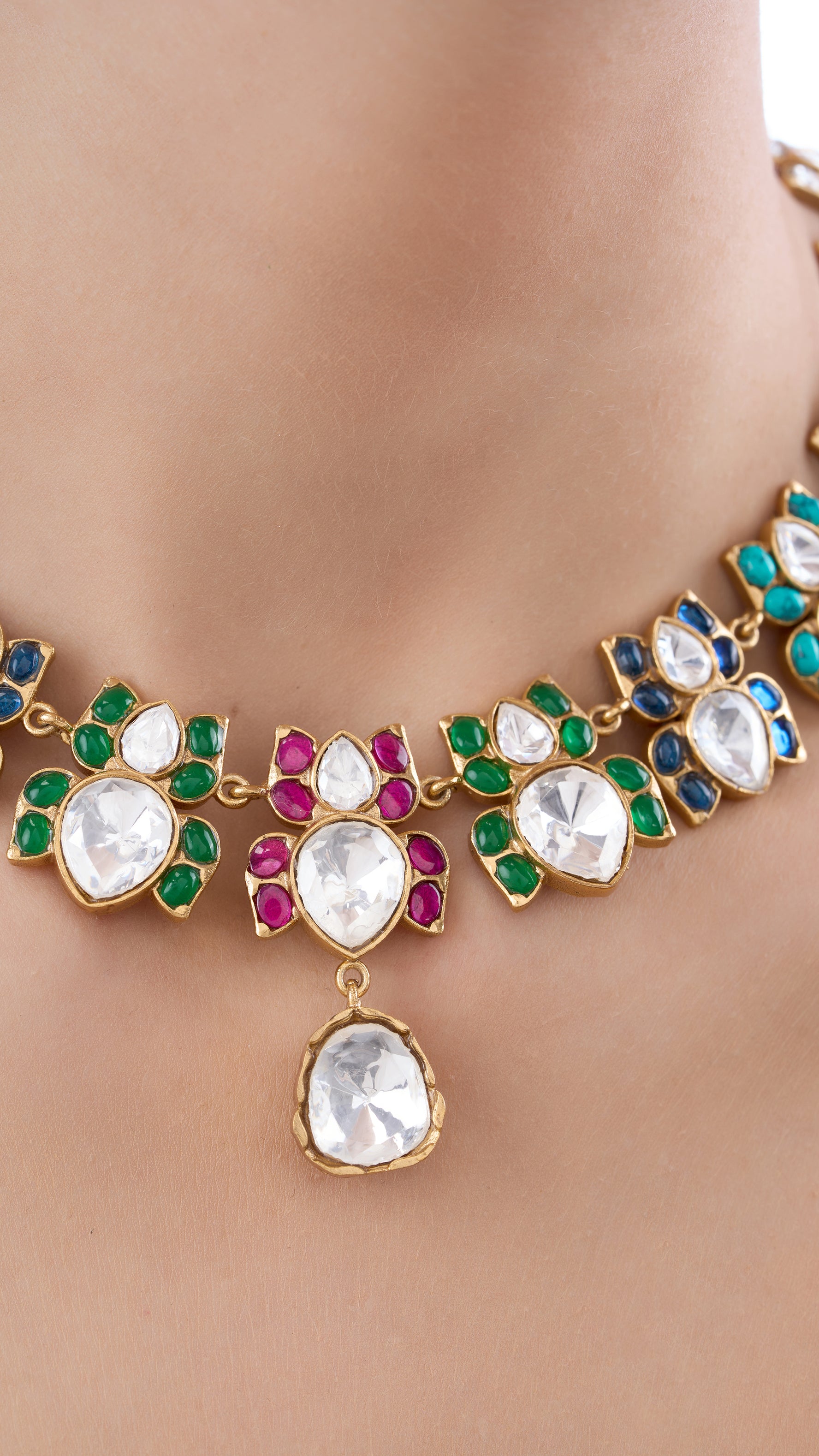NIVRITI DOUBLE LAYER PEAR DROP POLKI NECKLACE SET WITH SEMI PRECIOUS STONES IN MULTI COLOUR