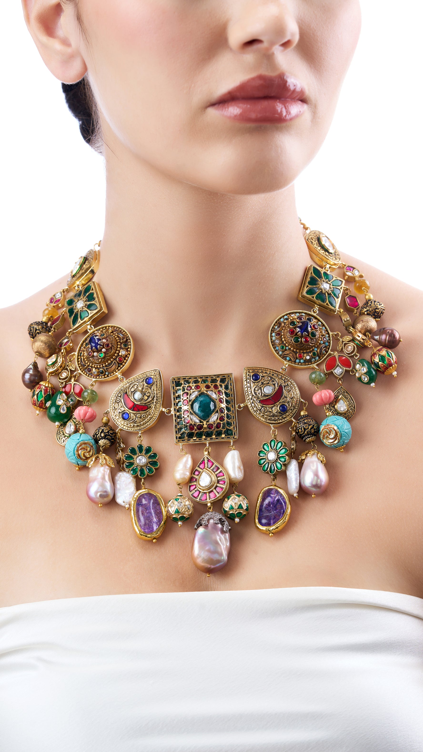 SHUBHANGI  RAJWARA ANTIQUE GOLD FILIGREE NECKLACE WITH SEMI PRECIOUS STONES AND BAROQUE PEARLS IN GREEN
