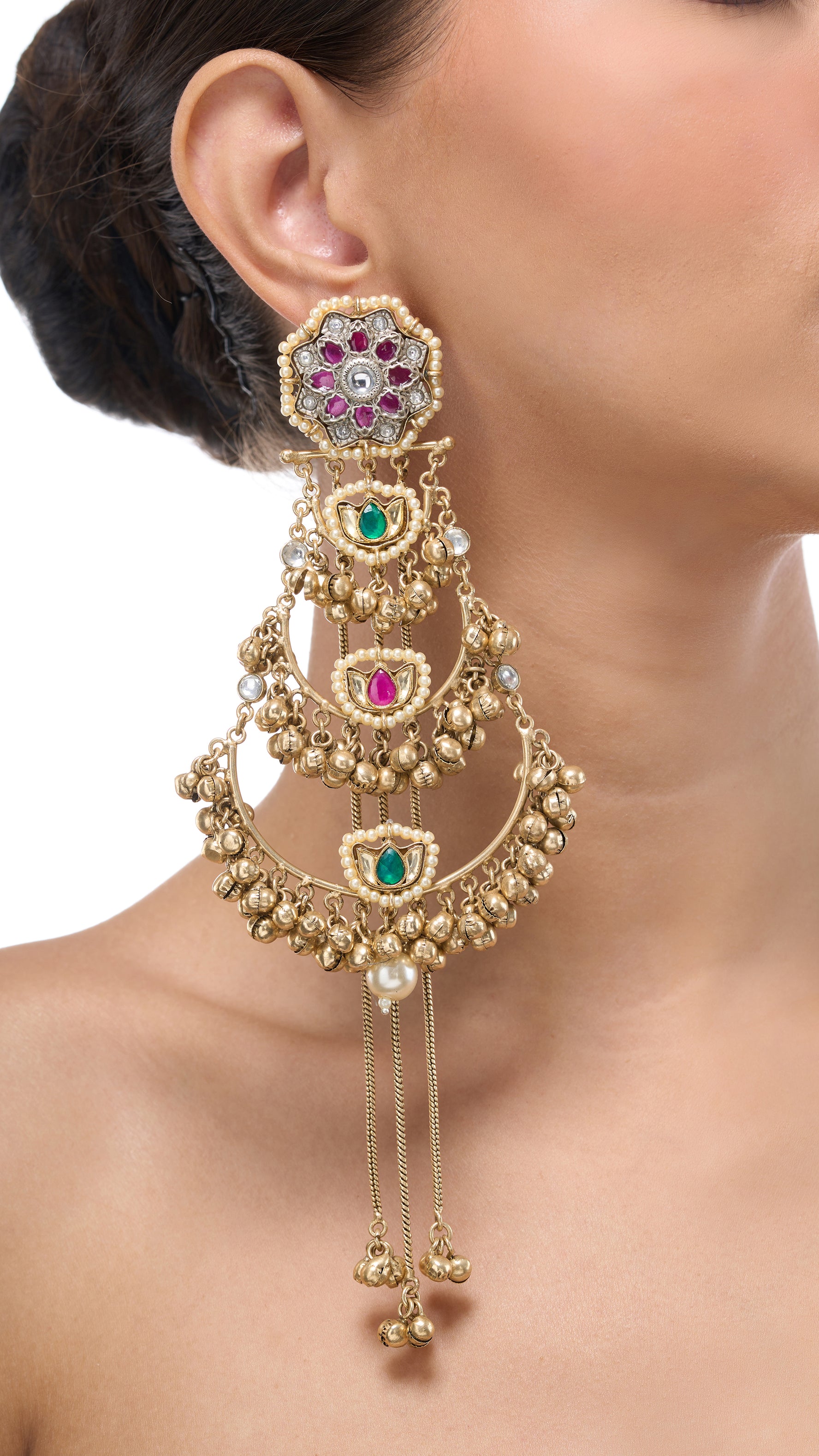 BHANUMATI LONG GOLD FOIL EARRINGS WITH ENAMEL