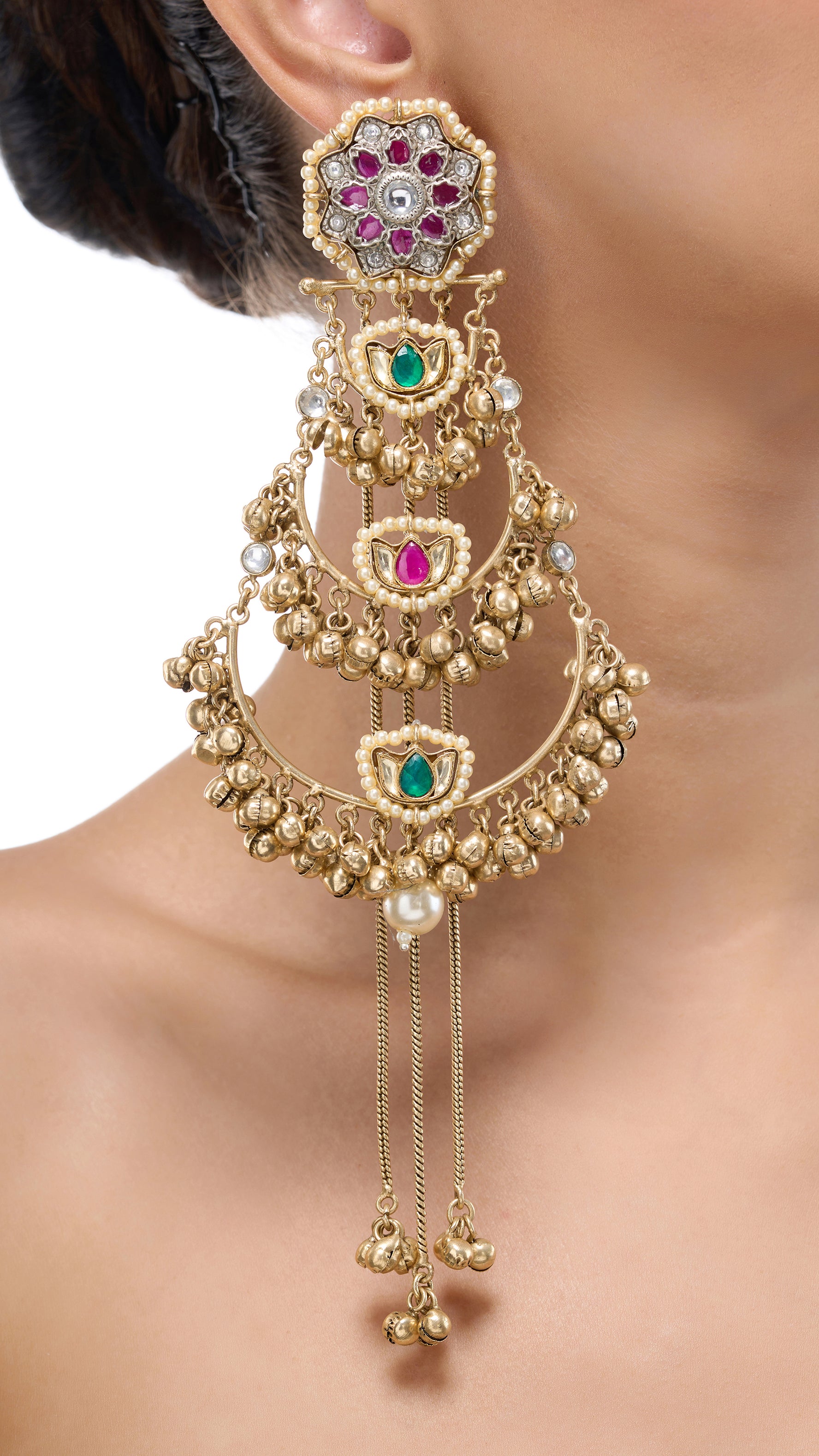 BHANUMATI LONG GOLD FOIL EARRINGS WITH ENAMEL